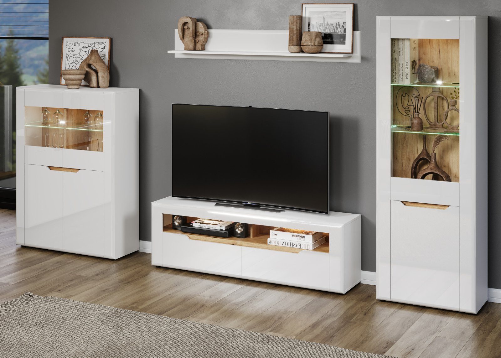 Furn.Design Wohnwand Merlon, (in weiß Hochglanz mit Eiche, 4-teilig, 340 x 192 cm), mit viel Stauraum