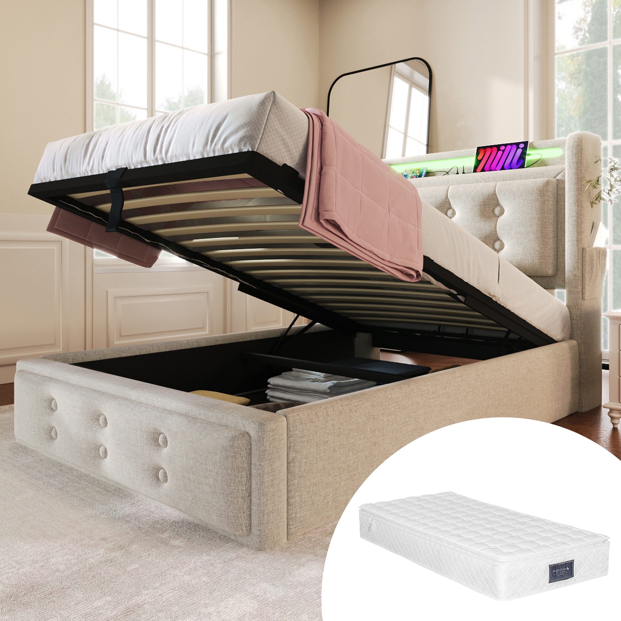 HAUSS SPOLE Polsterbett 90x200 mit Led-Kopfteil, Ladefunktion, mit Matratze günstig online kaufen