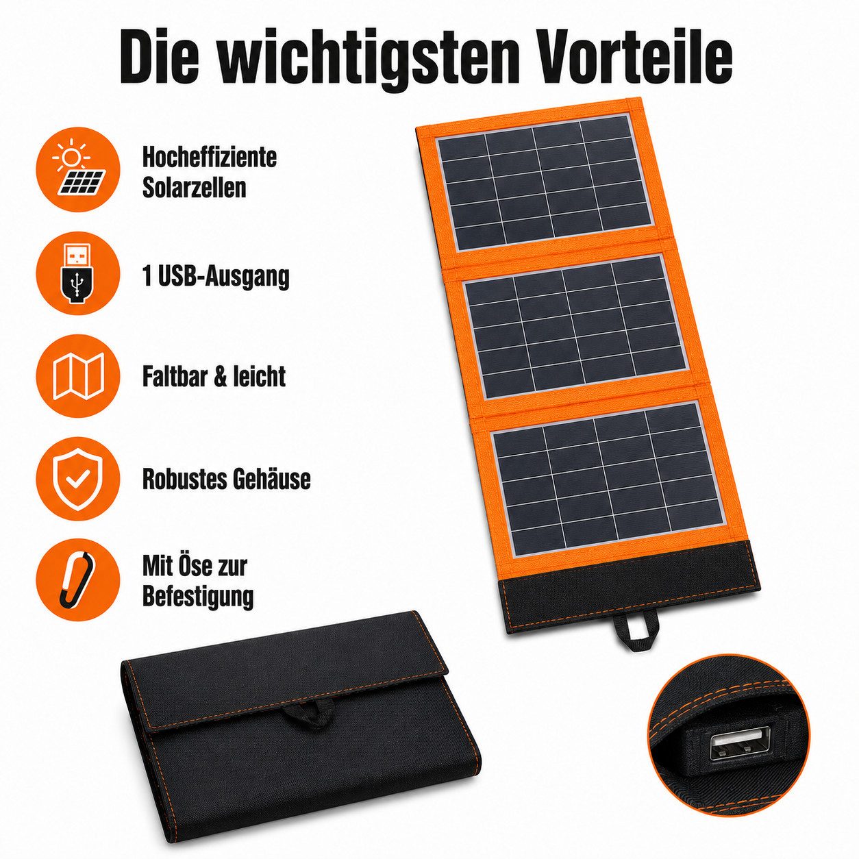 Goldstern-Tech Solarmodul SolarMate, Monokristallin, (Faltbares, kompaktes Solarpanel 30W 40W, 3-St., hocheffizient mit 2 USB-Anschlüssen (bei der Leistungsvariante 40 W), ultraleicht & robust für Outdoor, Camping & Notfall-Stromversorgung