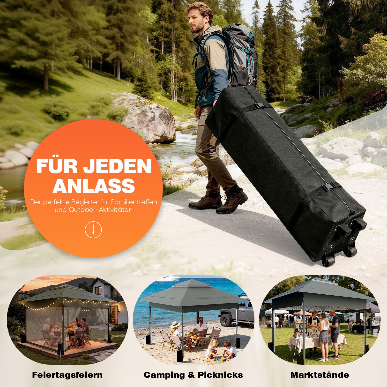 Huracan Faltpavillon 3,6x3,6 Höhenverstellbar Gartenpavillon, mit 4 Seitenteilen, mit 4 Moskitonetz Seitenteilen und Sandsäcke, Pop Up Pavillon