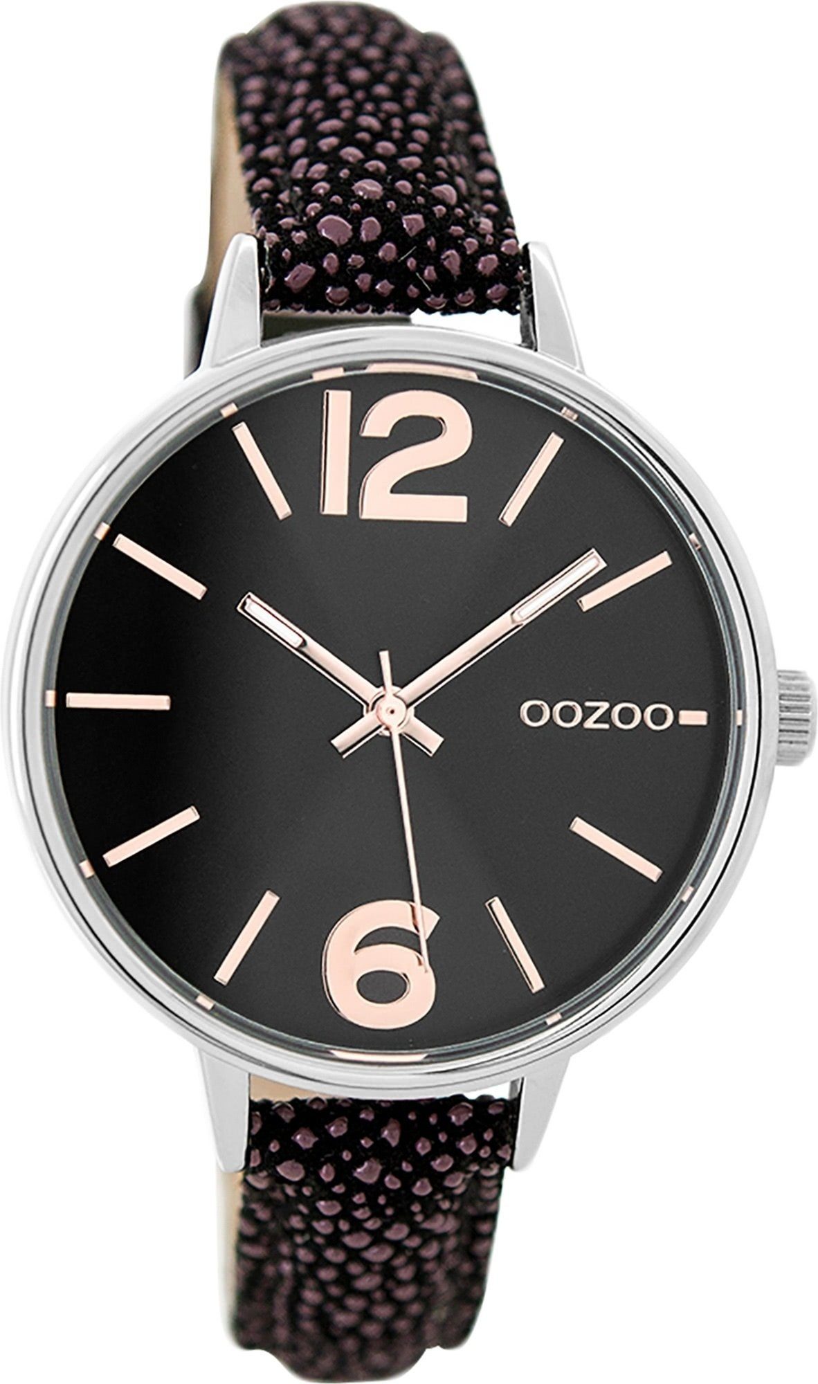 OOZOO Quarzuhr Oozoo Leder Damen Uhr C9484 Quarzuhr, Damenuhr Lederarmband lila, schwarz, rundes Gehäuse, mittel (ca. 38mm)
