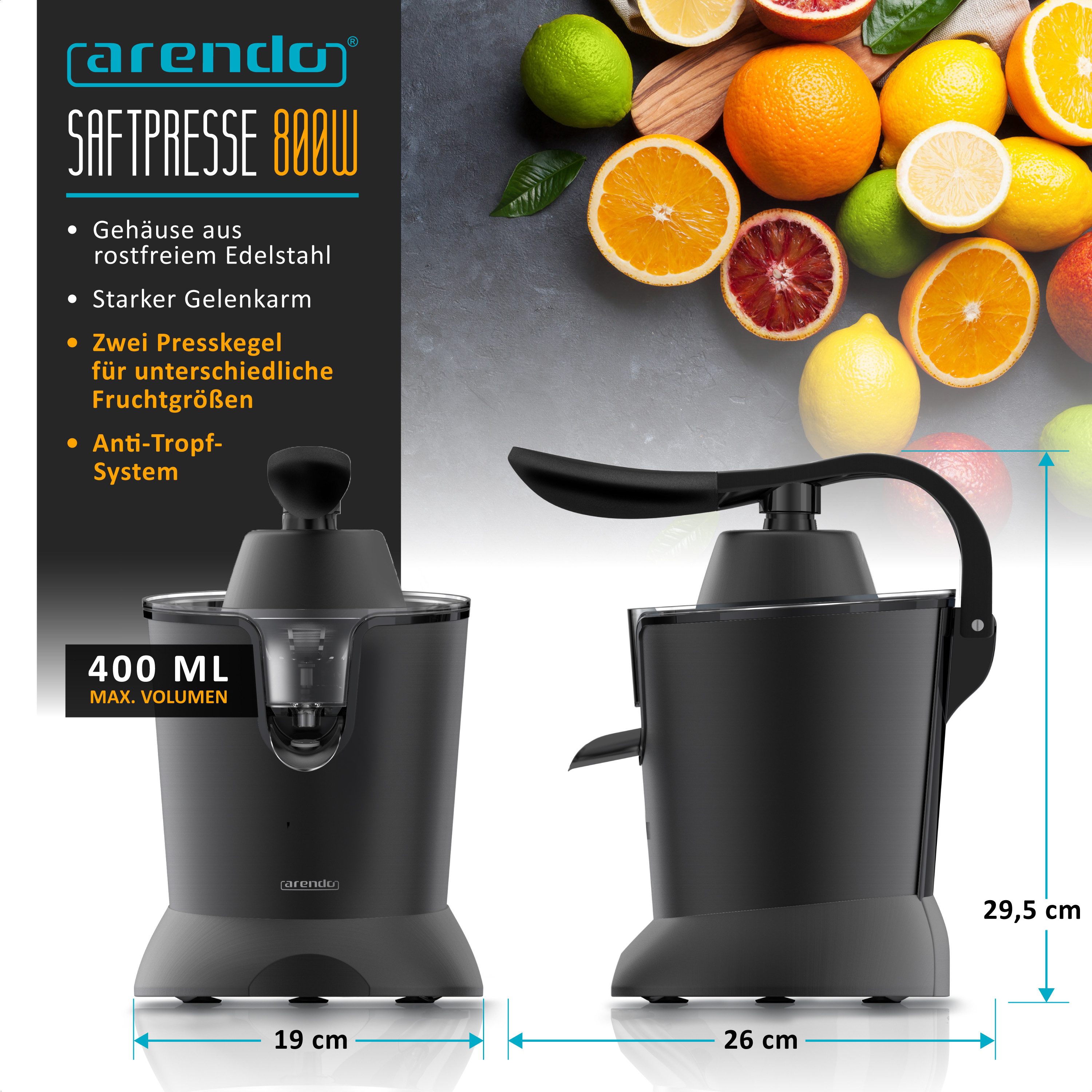 Arendo Entsafter Edelstahl Zitronenpresse, Limettenpresse Orangenpresse, Edelstahlkegel, 800 W, 0,4 l Behälter, 2 Presskegel, Tropfstopp, spülmaschinengeeignet