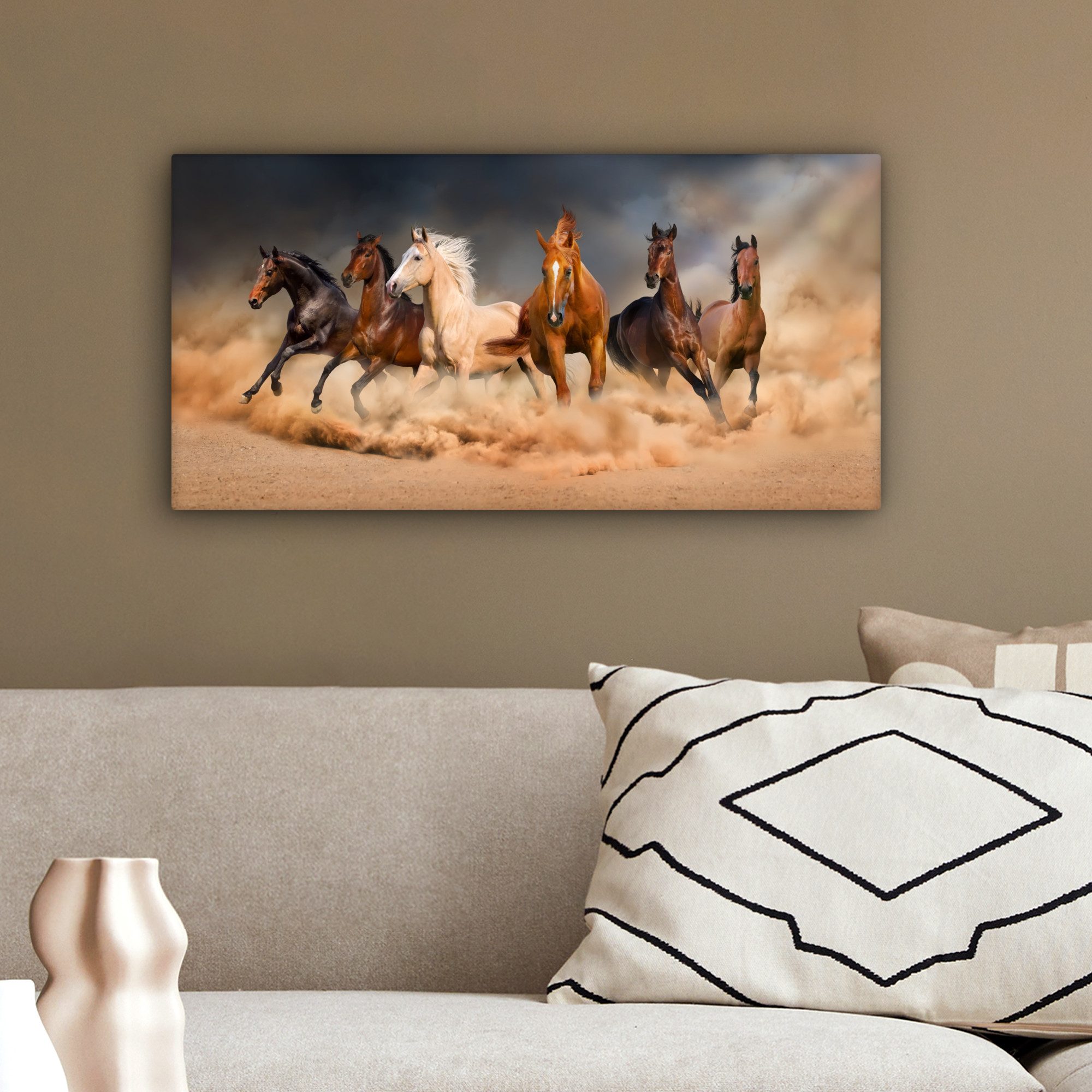 OneMillionCanvasses® Leinwandbild Panorama Pferde - Tiere - Sand - Stoff, Fotodruck (1 St), Wandbild, Deko Schlafzimmer Wohnzimmer Flur 40x20 cm – Bild 4 von 5