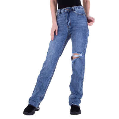 Ital-Design Straight-Jeans Damen Freizeit Destroyed-Look Straight Leg Jeans in Blau