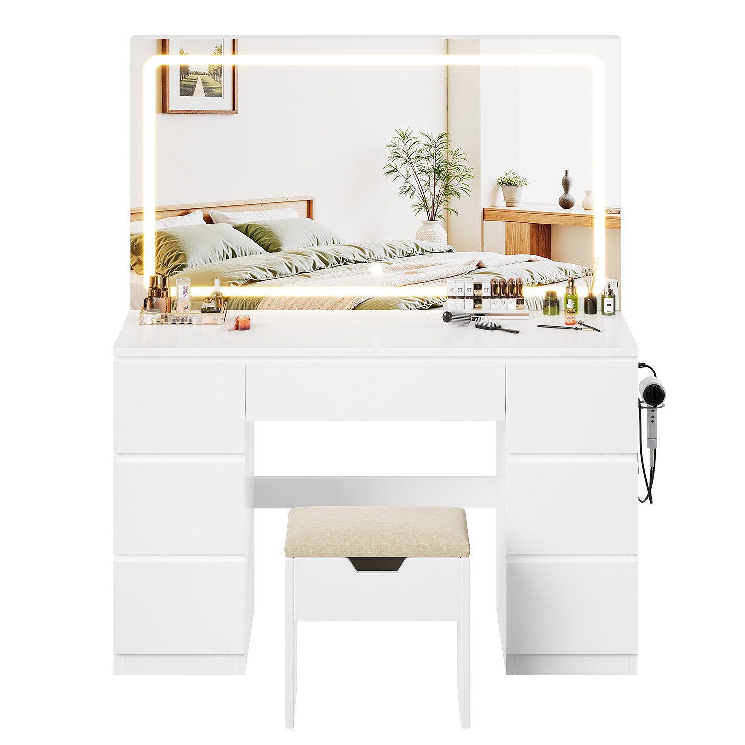 Furnicopia Schminktisch Extra große LED-Beleuchtung, Spiegelgröße 115 × 60 (Maße des Schranks: 115 × 40 × 139, einstellbare LED-Helligkeit, mit Aufbewahrungsbank, 7 Schubladen, 2 Steckdosen, 1 USB-Anschluss, 1 Typ-C-Anschluss, 1 Föhnhalterung, für verschiedene Räume geeignet)
