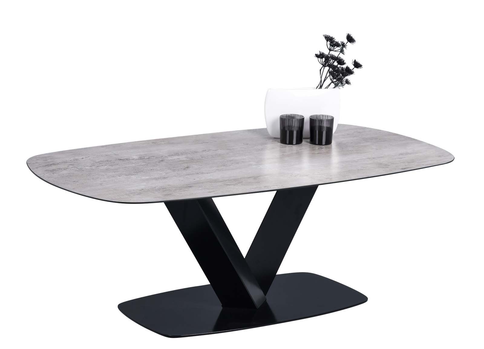 möbelando Couchtisch Rastatt, Tischplatte aus Sicherheitsglas in Keramikoptik. Bodenplatte und Gestell aus Metall in schwarz.