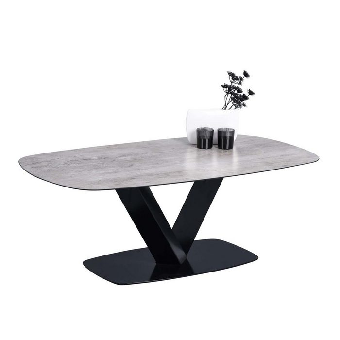 möbelando Couchtisch Rastatt Tischplatte aus Sicherheitsglas in Keramikoptik. Bodenplatte und Gestell aus Metall in schwarz.