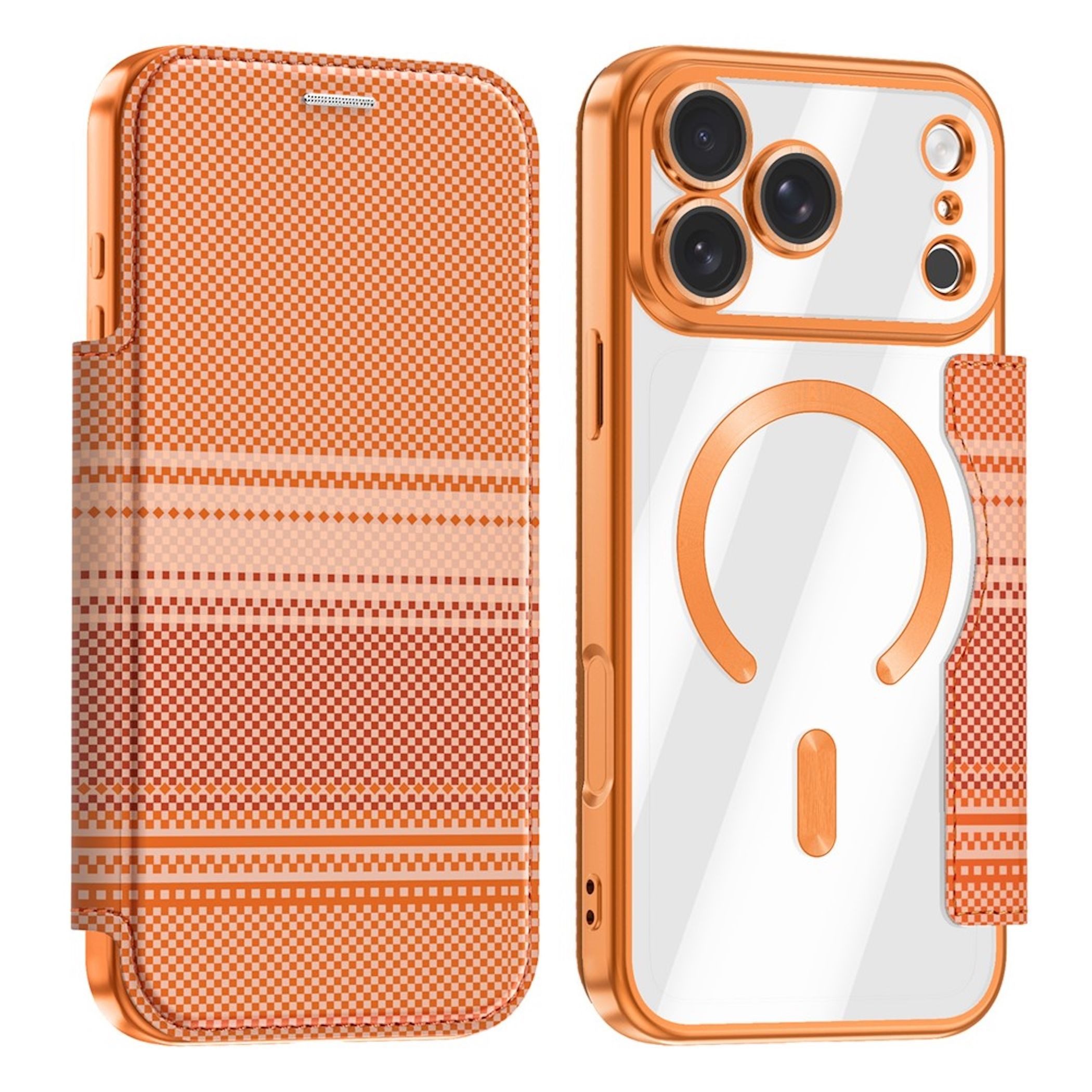 Wigento Handyhülle MagSafe für Apple iPhone 17 Pro Max Kunstleder RFID Design Orange 6,9 Zoll, MagSafe, RFID Schutz, Standfunktion