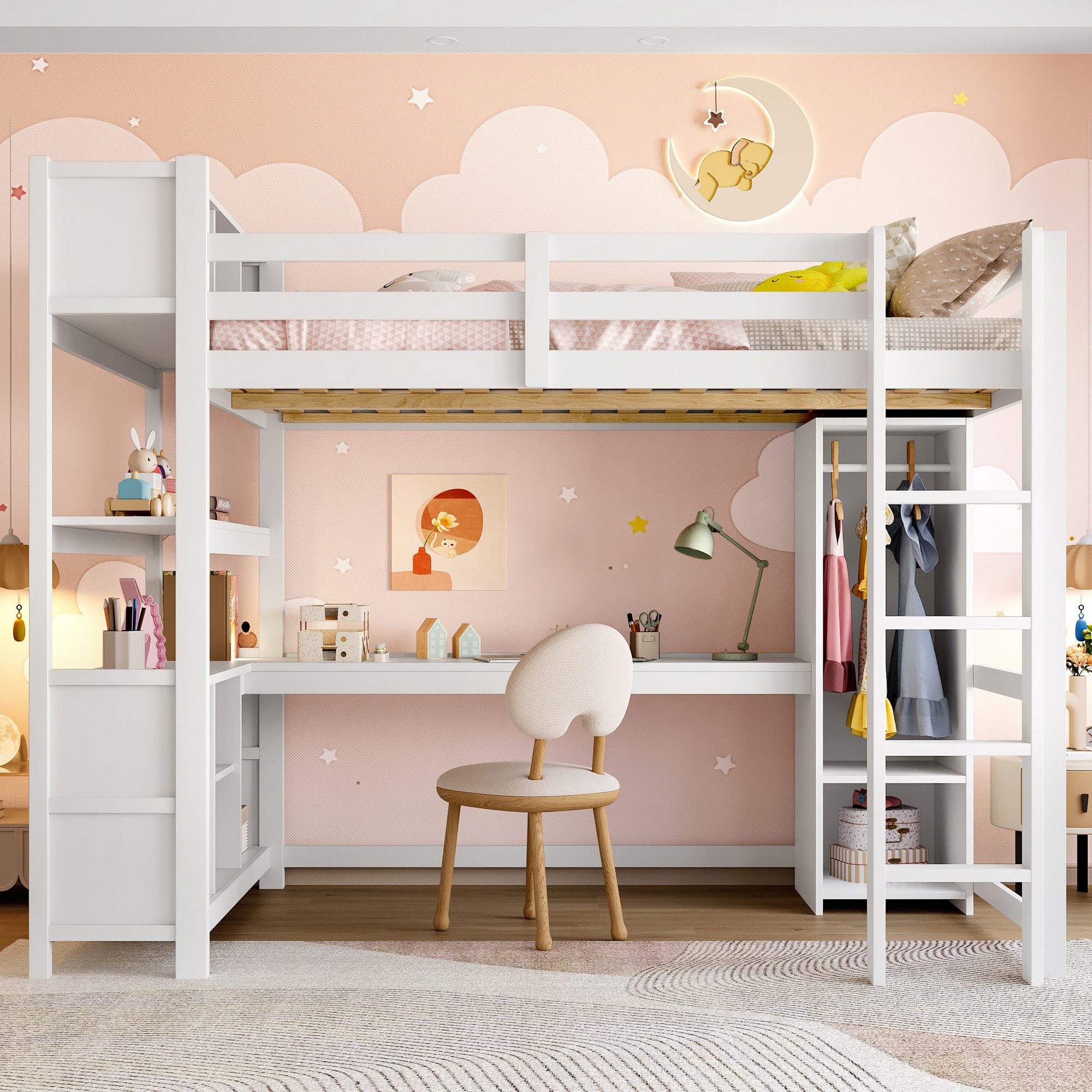 TavilaEcon Hochbett mit Regale, mehreren Ablagefächer und Schreibtisch (1-St) mit Kleiderschrank, ohne Matratze, 140×200cm, Weiß
