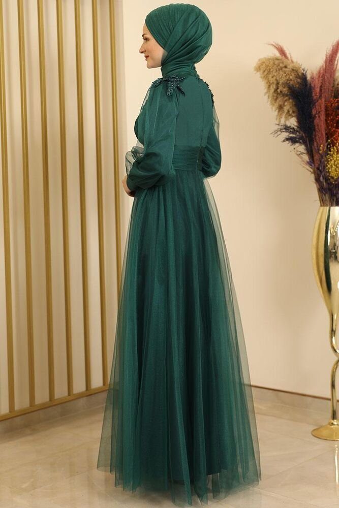 Modavitrini Tüllkleid Abendkleid mit Blumen Smaragd-Grün Abiye Hijab Guipure-Details Kleid Abaya