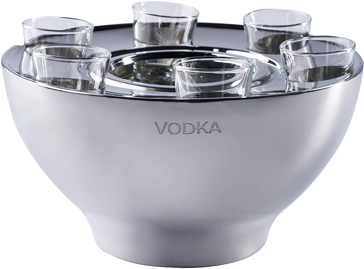 Wein- und Sektkühler Wodkakühler Wodka Kühler "VODKA" Edelstahl + 6 Shotgläsern 25x25x14 cm