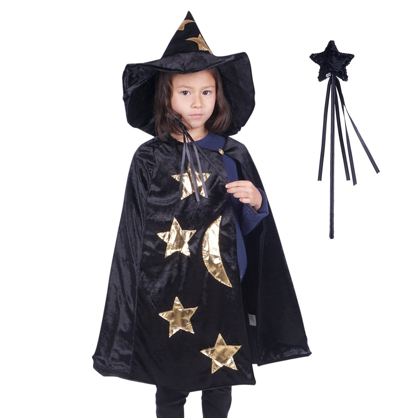 GalaxyCat Kostüm Zauberer Kinderkostüm Set mit Umhang, Zauberhut & Zauberstab, Hexen, Magier Kinder Kostüm Set