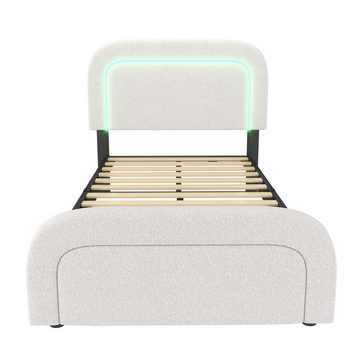 PHOEBE CAT Polsterbett (Einzelbett 90x200cm mit LED-Beleuchtung), mit USB Typ C Ladefunktion, Lattenrost aus Holz, Lammwolle-Bezug