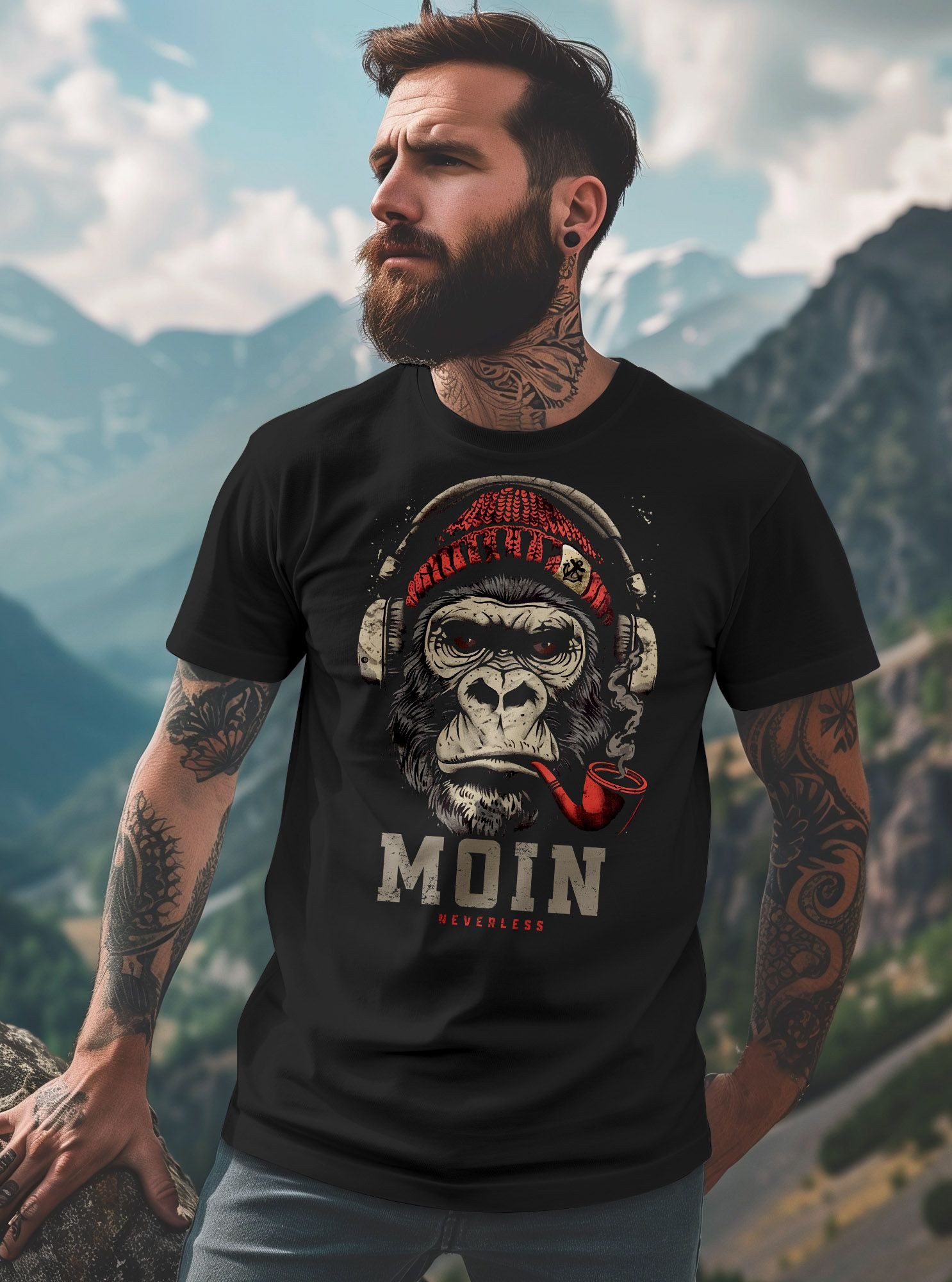Neverless Print-Shirt Herren T-Shirt Moin Schriftzug Gorilla Möwe Musik Aufdruck Brustprint mit Print
