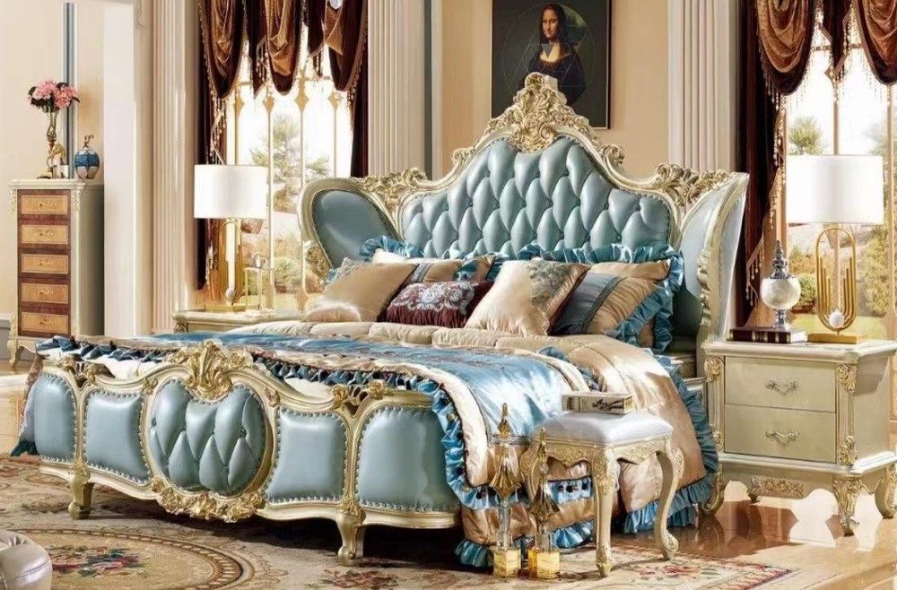 JVmoebel Polsterbett JVMoebel Polsterbett Blau mit Lederpolsterung im Retro-Stil