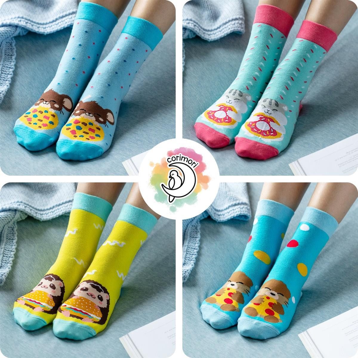 Corimori Haussocken Witzige Lustige Bunte Anime Baumwolle Socken 4er Set Tiere Geschenk-Ve (Packung, 4-Paar, Geschenk) Einheitsgröße 36-44, Kawaii Strümpfe, plastikfreie Geschenkverpackung