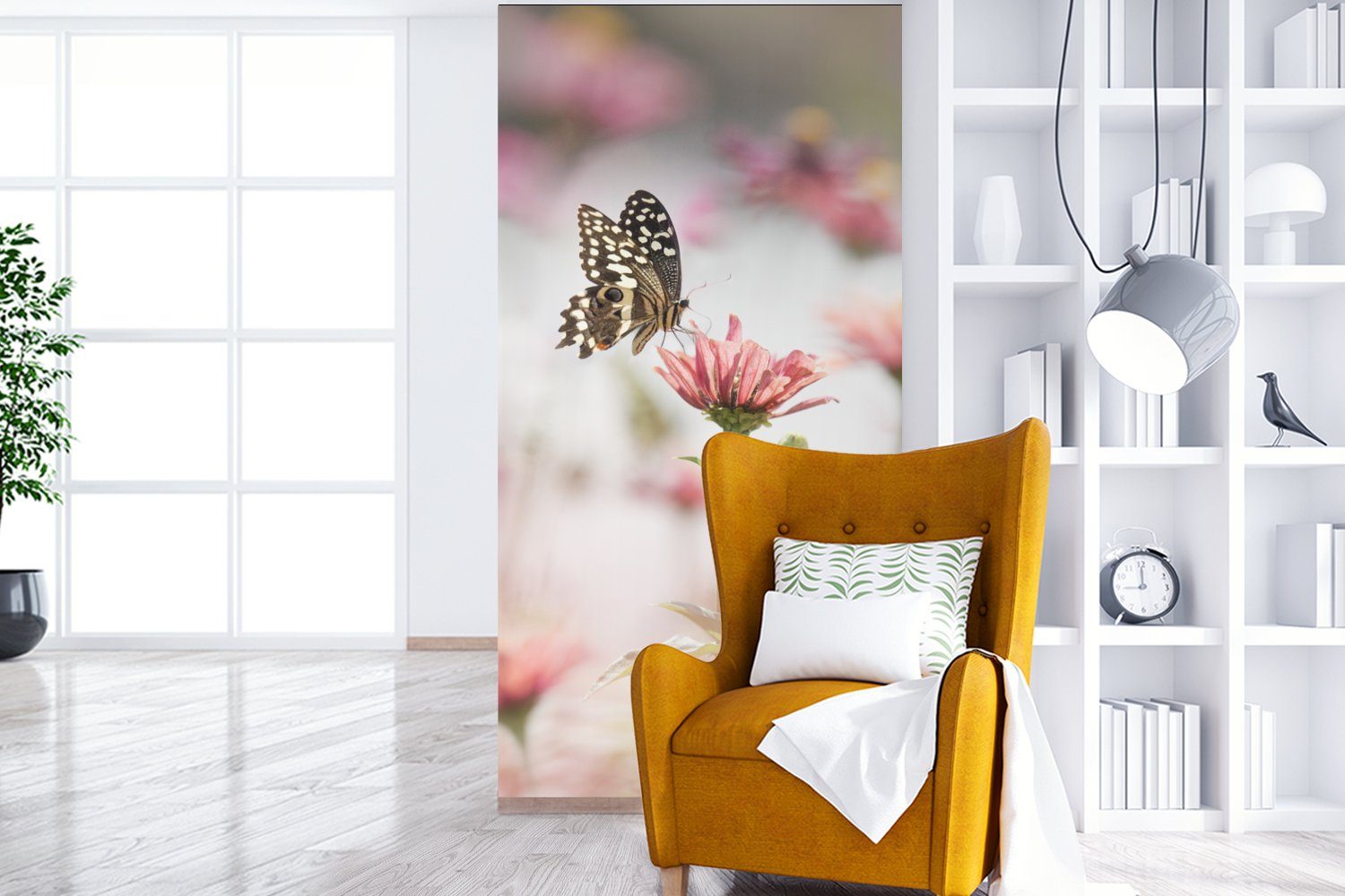 MuchoWow Fototapete Schmetterling - St), bedruckt, - Fototapete Vliestapete Wohnzimmer Schlafzimmer Küche, (2 Matt, für Blume Rosa