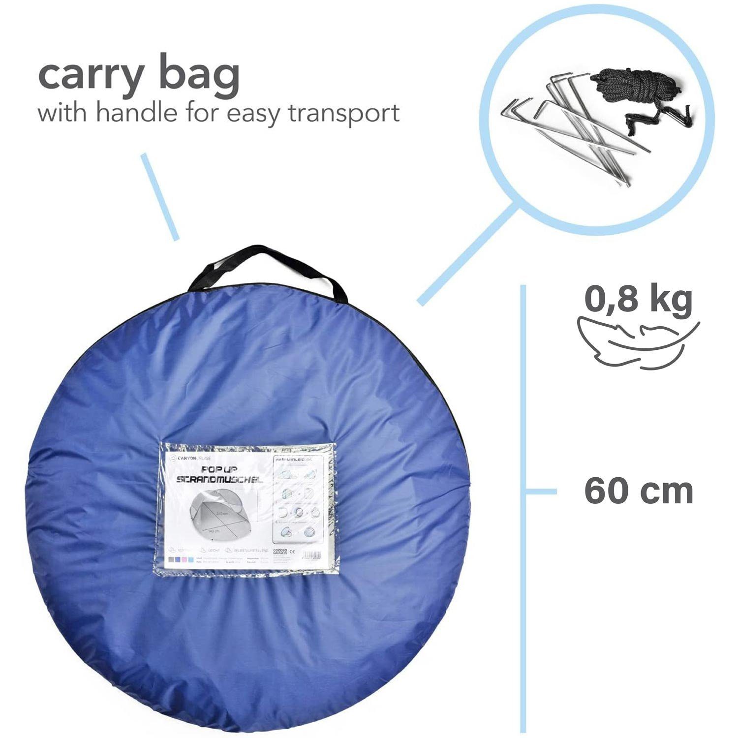 Canyon Cruise Strandmuschel Canyon Cruise Pop-Up Strandmuschel für 3 Personen mit UV-Schutz 50+, Personen: 3 (Automatik Wurfzelt), Sonnen- & Windschutz