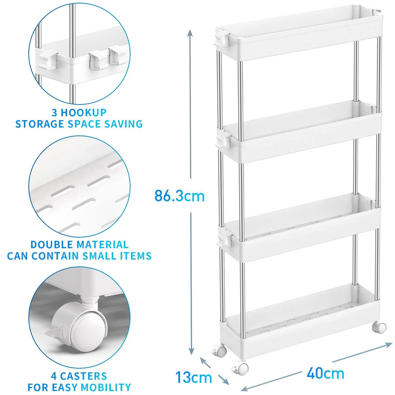 40x13x86cm platzsparendes für Aufbewahrungswagen, Ebenen, Küchenregal 4 Beistellwagen mit Allzweckwagen Küche Küchen Badregal Büro, und CALIYO