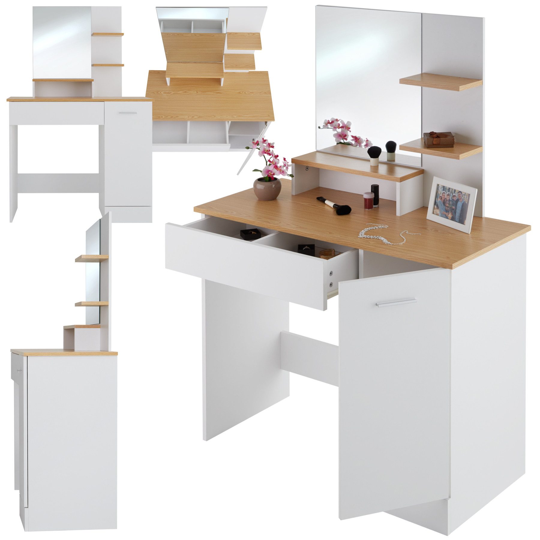 tectake Schminktisch Frisiertisch Zoe (1 tlg), Moderner Schminktisch mit großem Spiegel