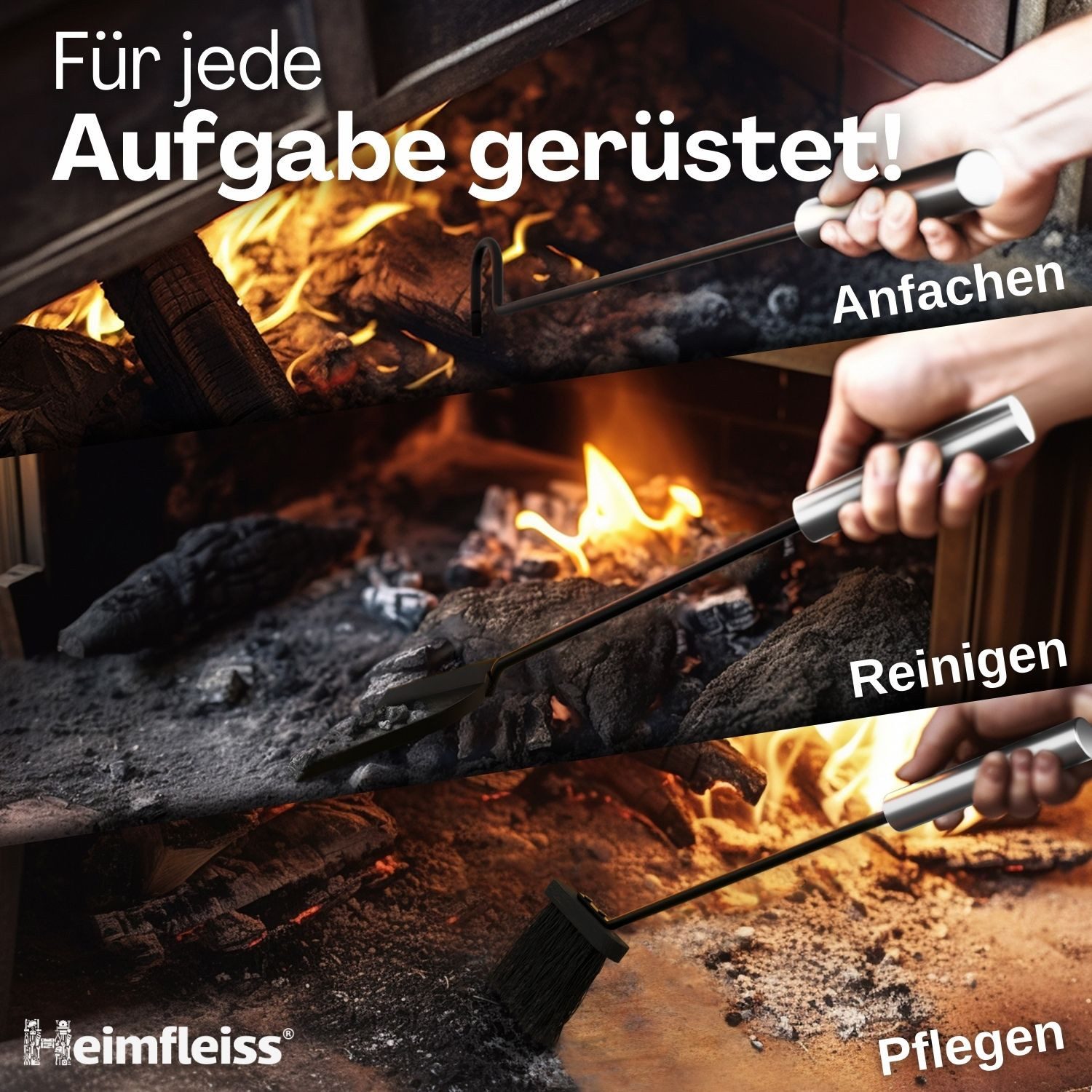 Heimfleiss® Kamingarnitur Modernes Kaminbesteck aus Stahl & Holz – 3-teilig oder 4-teilig, Elegantes Kaminzubehör mit Schaufel, Besen & Schürhaken, Stilvoll