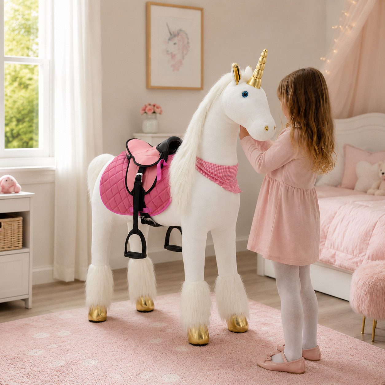Sweety-Toys Stehpferd Stehpferd Einhorn 11100 125cm Weiß mit Stahlunterbau mit Reitsattel