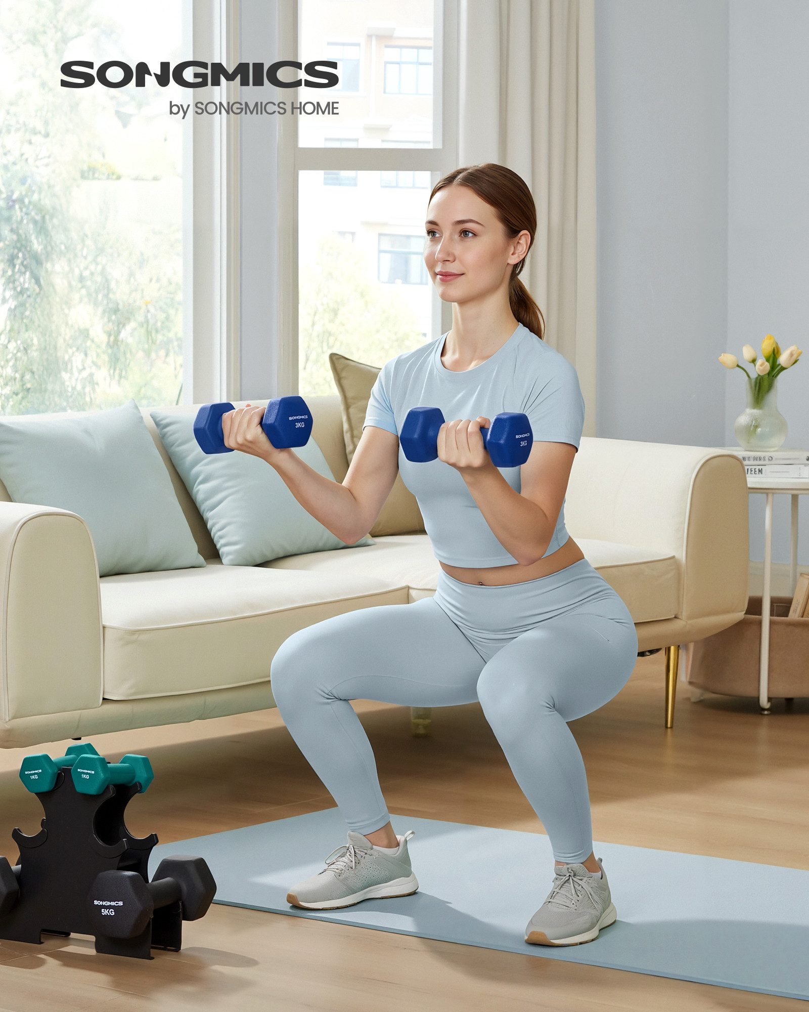 SONGMICS Kurzhantel Set, Hexagon, 2 x 1 kg, 2 x 3 kg, 2 x 5 kg, Krafttraining, zu Hause, (mit Hantelständer), mattes, Neopren-Beschichtung, aquamarinblau, hafenblau, tintenschwarz