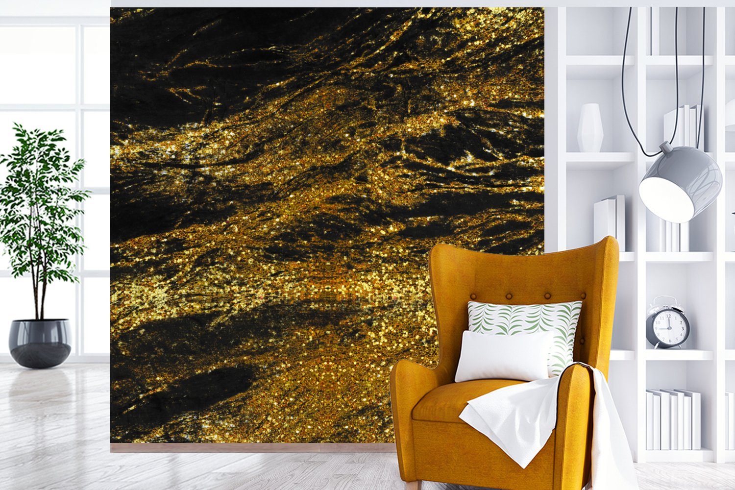 MuchoWow Fototapete Marmor - Gold Trendy, bedruckt, Vliestapete - Matt, für Schwarz Küche, St), Schlafzimmer (4 - Fototapete Wohnzimmer