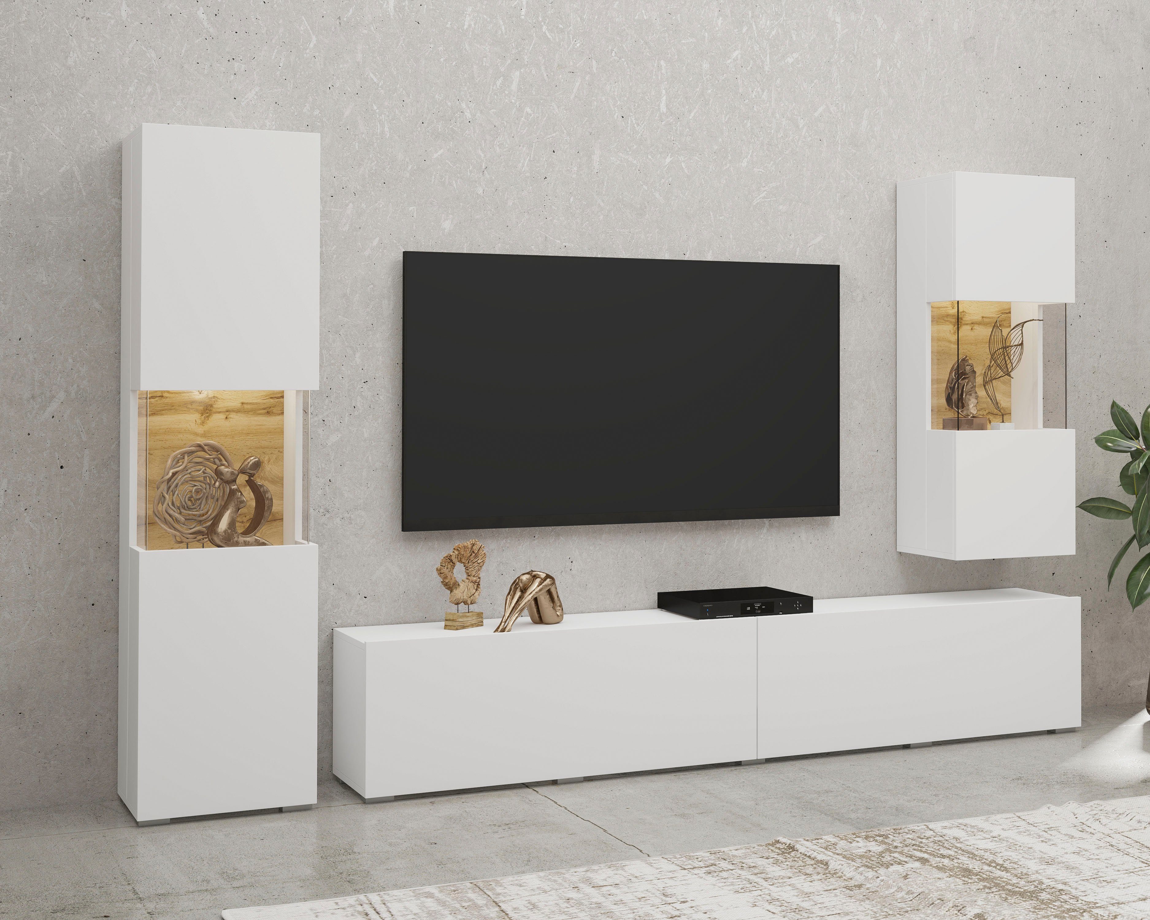Wohnwand Ava, Wohnzimmer-Set hängend/stehend montierbar, Vitrine, Lowboard
