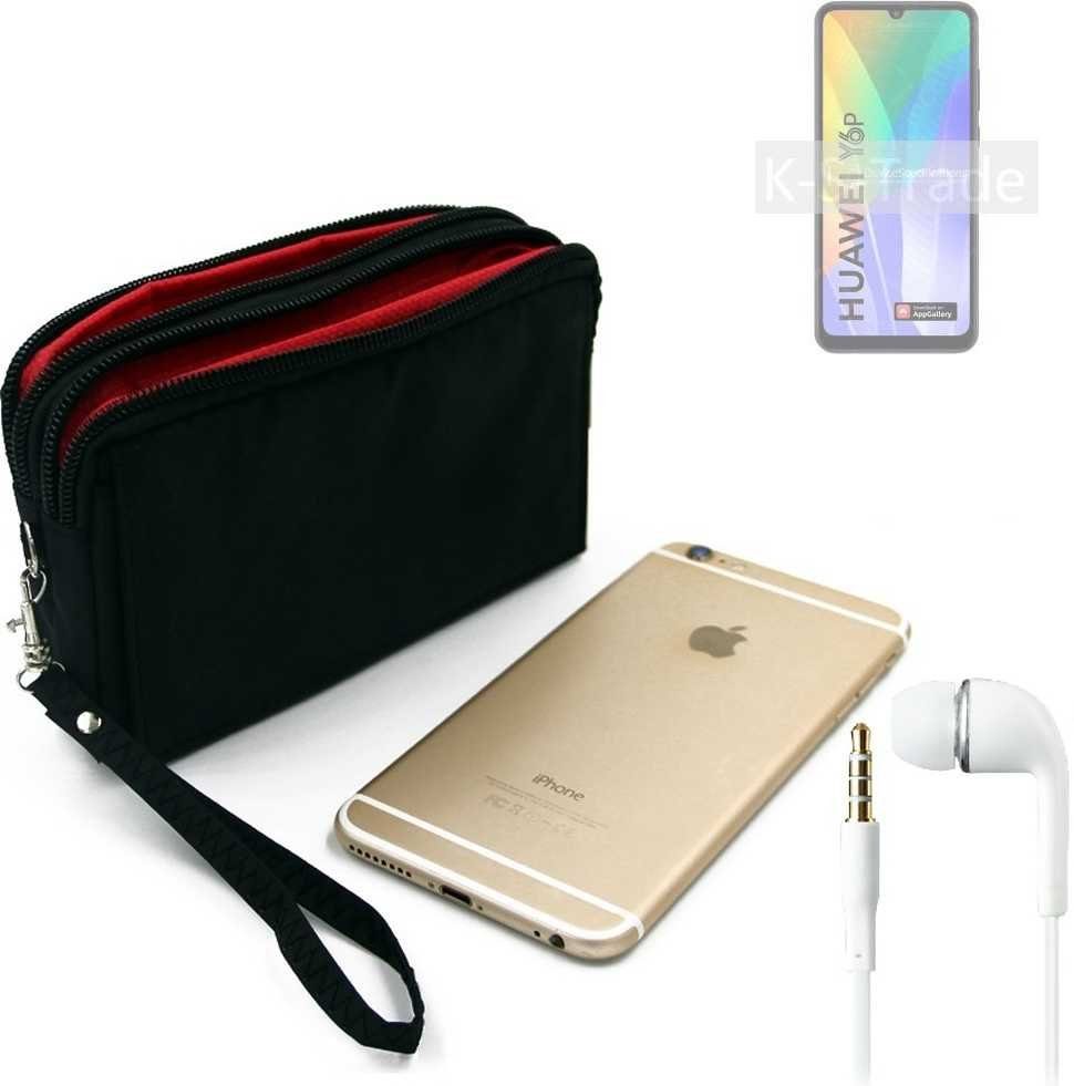 K-S-Trade Handyhülle für Huawei Y6p, TOP SET Handy Hülle Gürteltasche schwarz + Kopfhörer Travel Bag