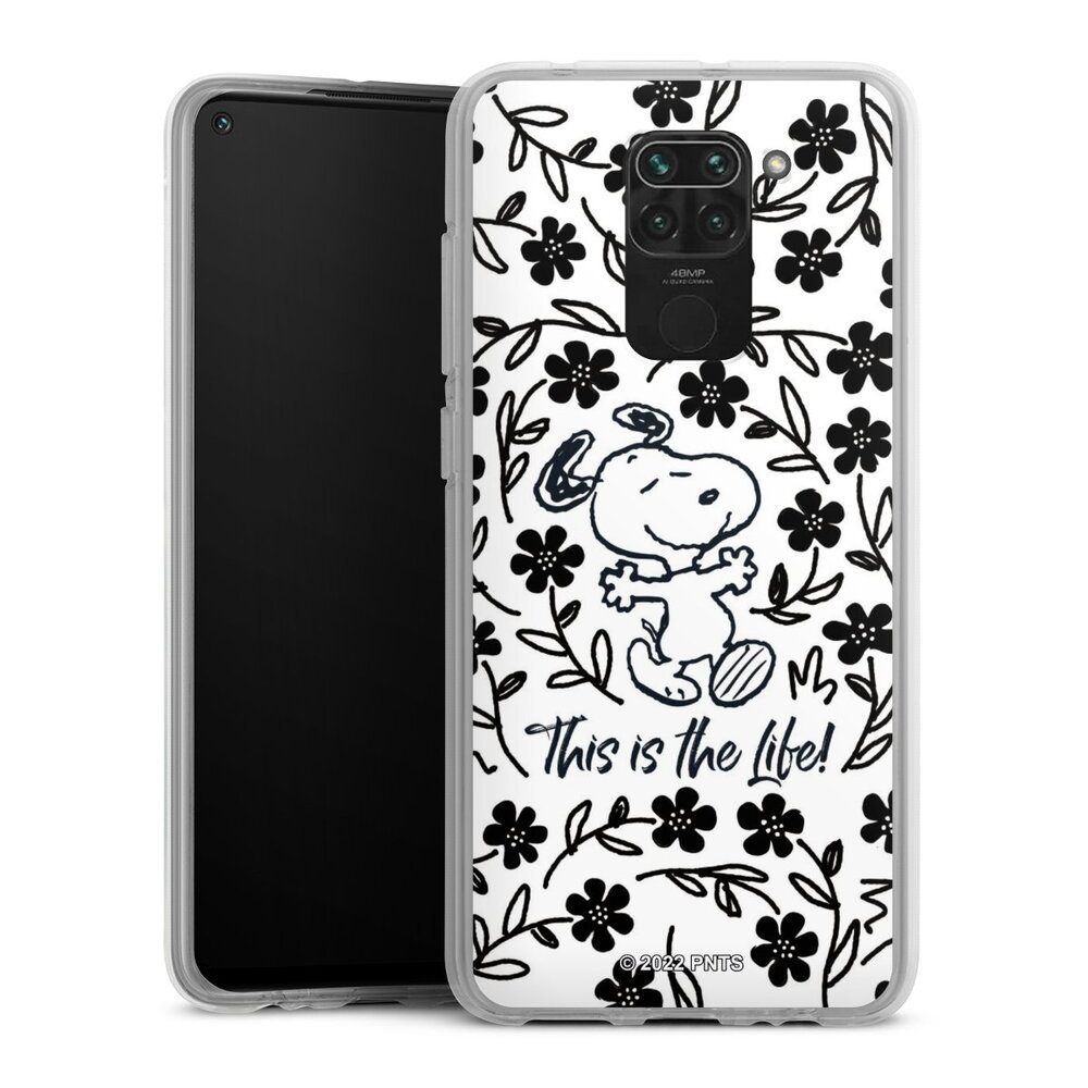 DeinDesign Handyhülle Peanuts Blumen Snoopy Snoopy Black and White This Is The Life, Xiaomi Redmi Note 9 Silikon Hülle Bumper Case Handy Schutzhülle