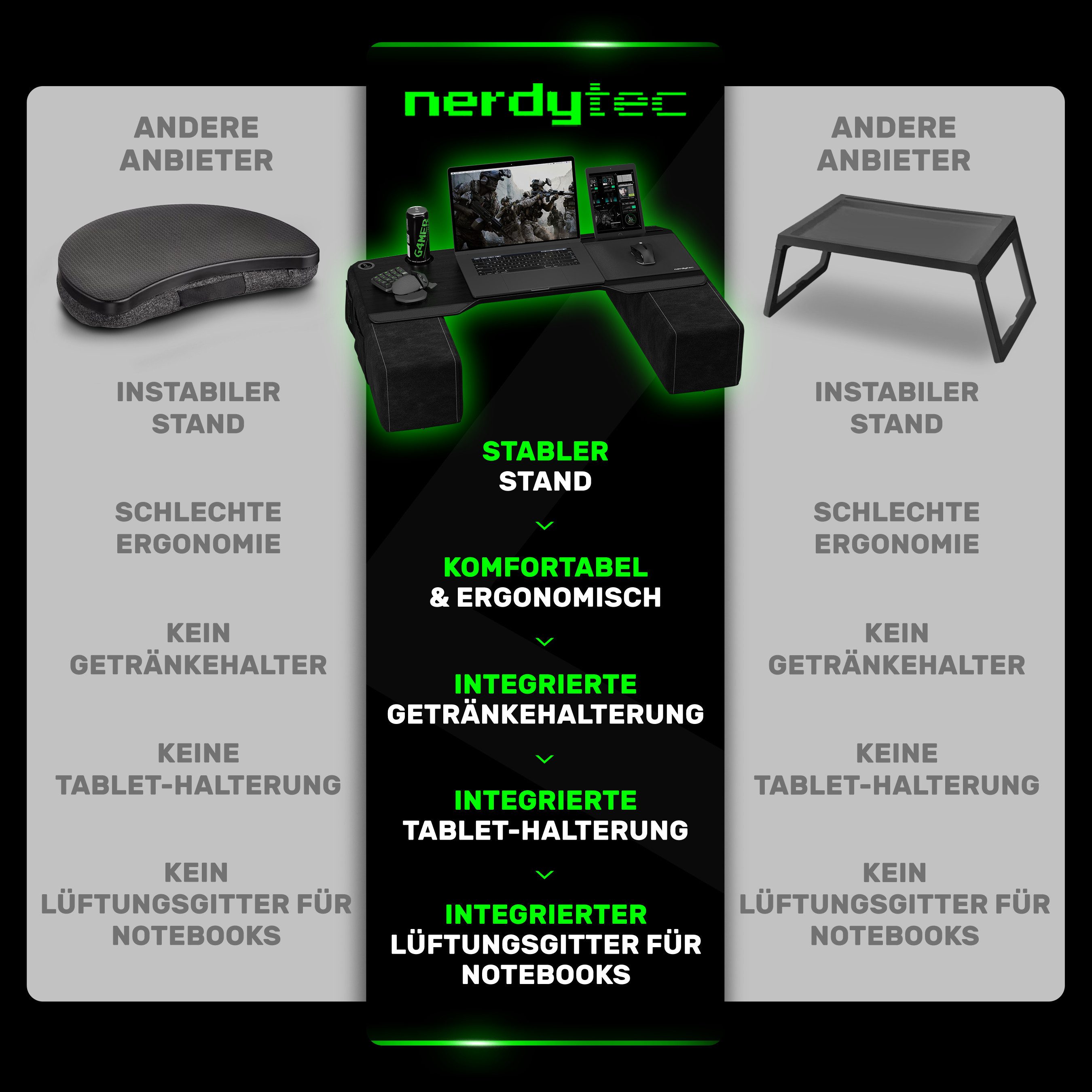 COUCHMASTER Computertisch CYBOSS - Ergonomisches Lapdesk für Home Office und Gaming, extra groß (1 CYBOSS Bambus Lapboard, 2 Kissen), Extra großes Lapboard ca. 100 cm x 39 cm