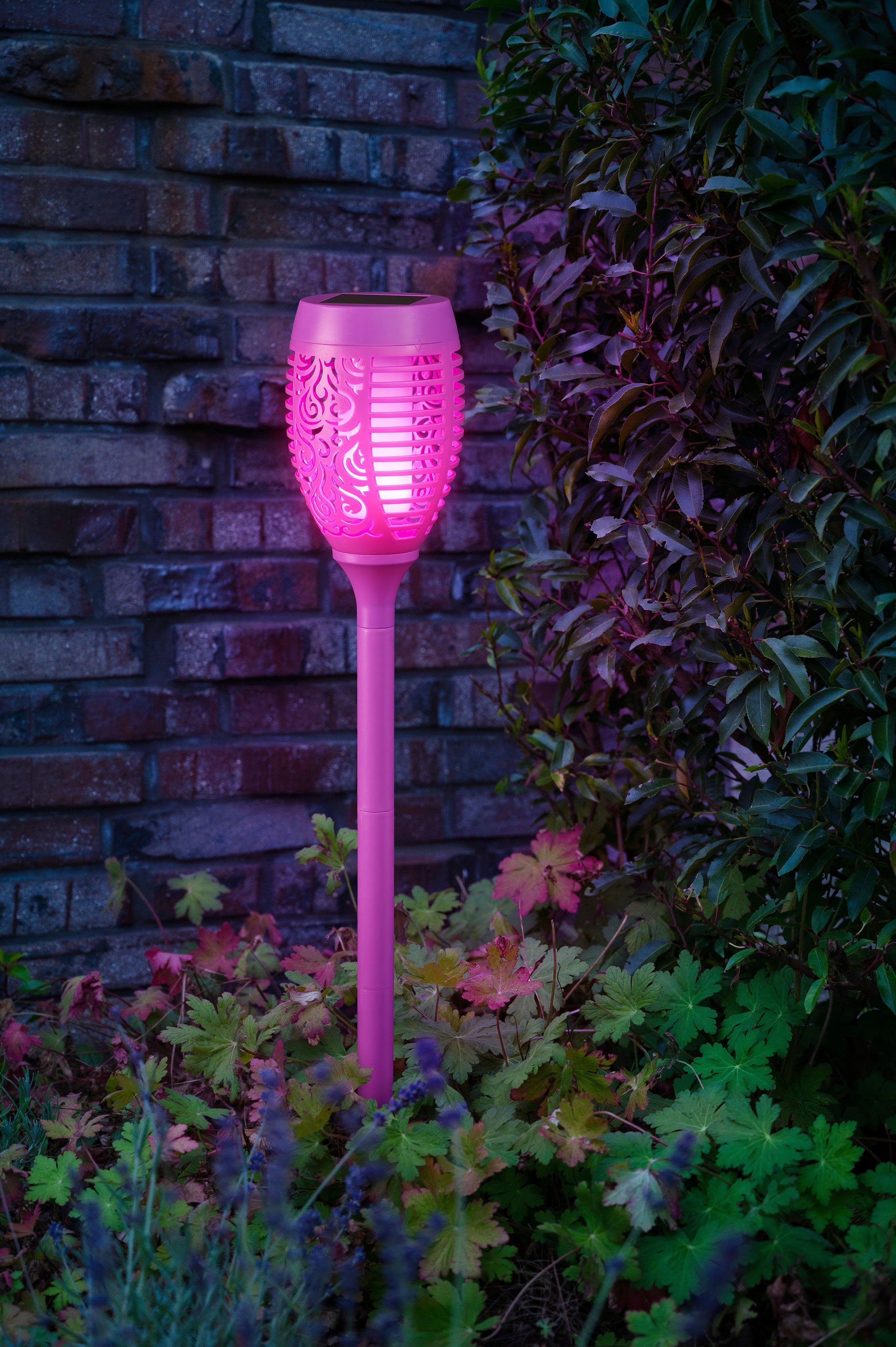 BONETTI LED fest realer mit Set Tageslichtsensor, LED Solar Gartenfackel, Flamme 3er lila LED integriert, Gartenfackel