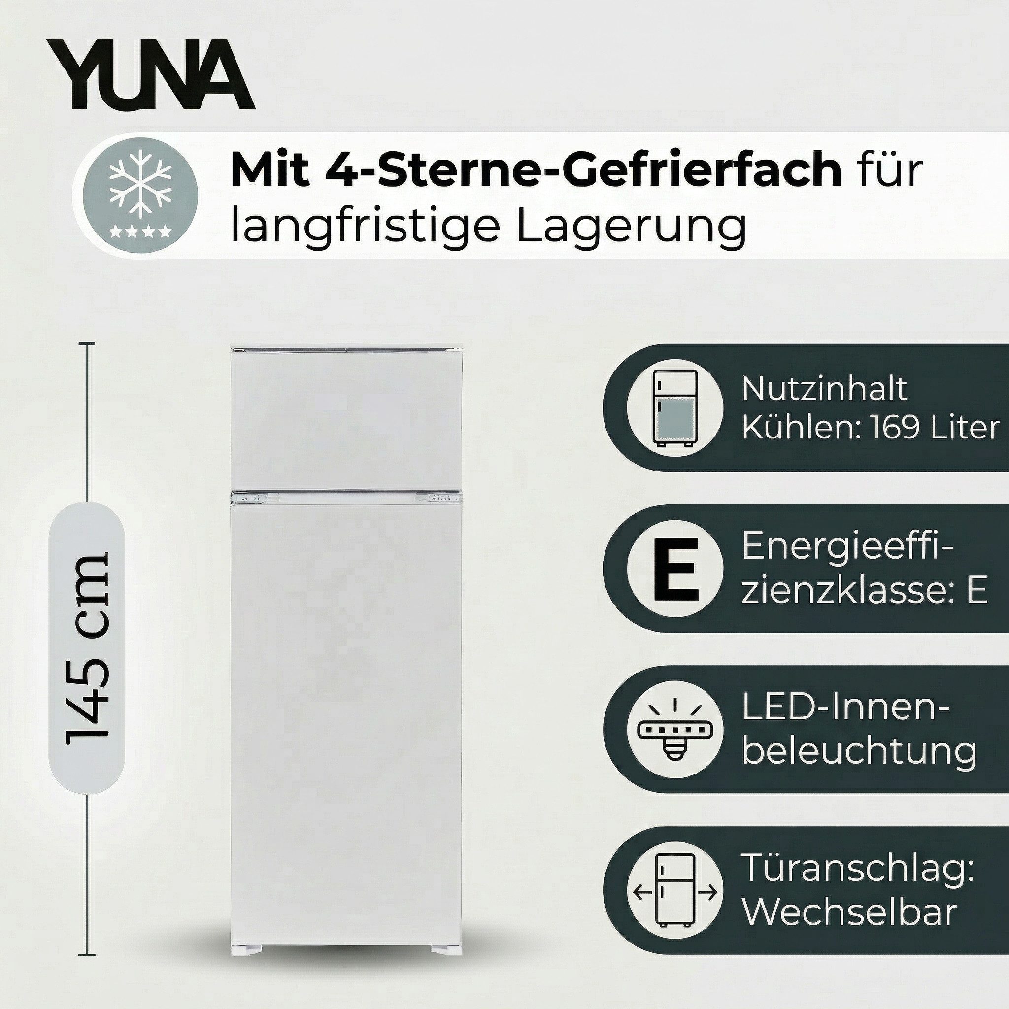 YUNA Einbaukühlschrank Fedora EKG225E, 145 cm hoch, 54 cm breit, Schlepptür wechselbarer Türanschlag Gefrierkombi LED Beleuchtung