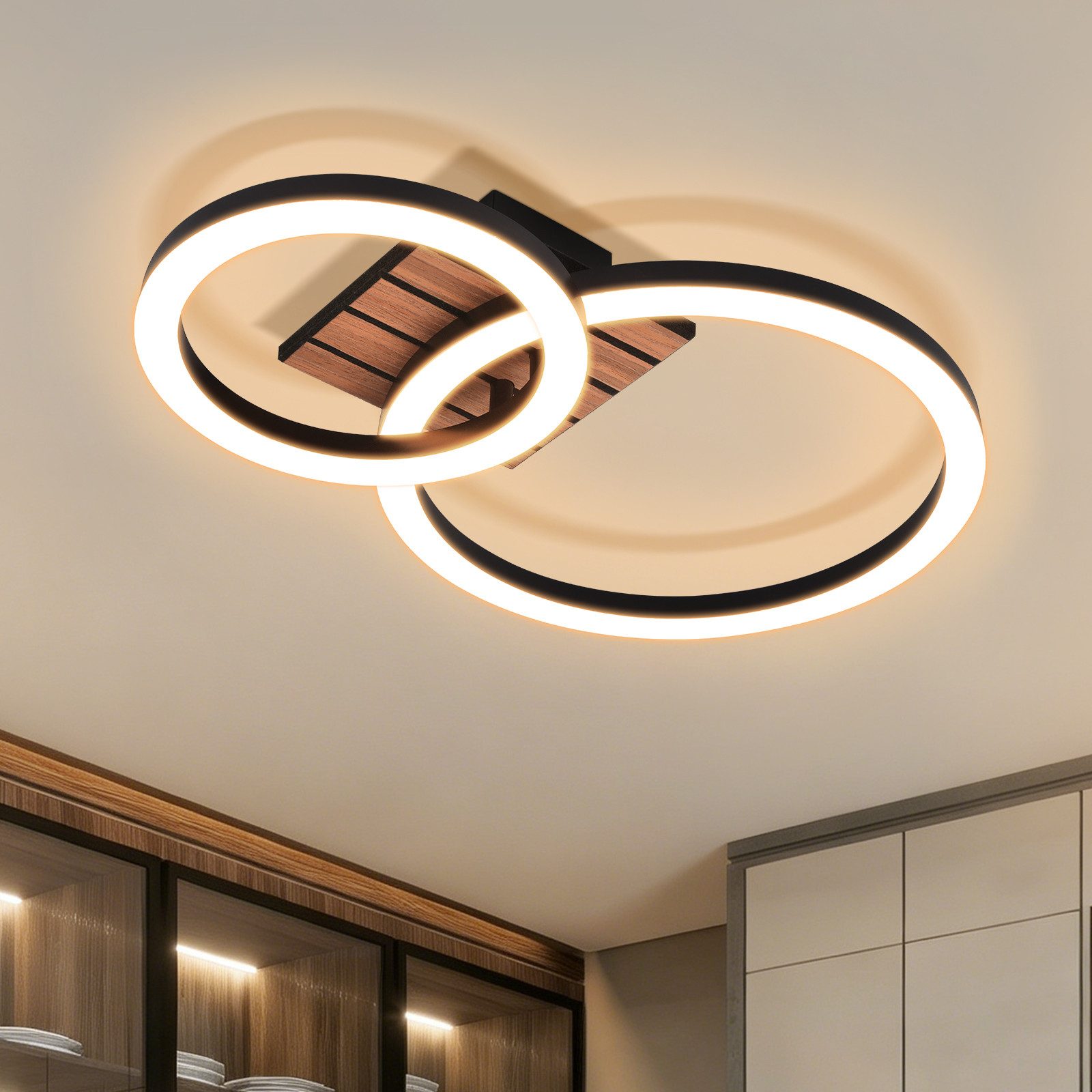 Nettlife LED Deckenleuchte Retro schwarz 14/21W eckig 3000K Warmweiß Design lampe Holz, LED fest integriert, für Küche Schlafzimmer Flur Wohnzimmer Bürolampe Zuhause