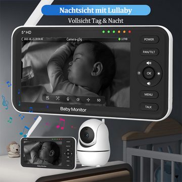 Jioson Video-Babyphone Video-Babyphone Babyphone mit Kamera, Video Baby Monitor Europanorm, Infrarot-Nachtsicht, Temperaturanzeige, Schlaflieder, Zwei-Wege-Audio, mit VOX Modus 2.4 GHz Gegensprechfunktion, Extra Großer 5-Zoll-LCD-Bildschirm