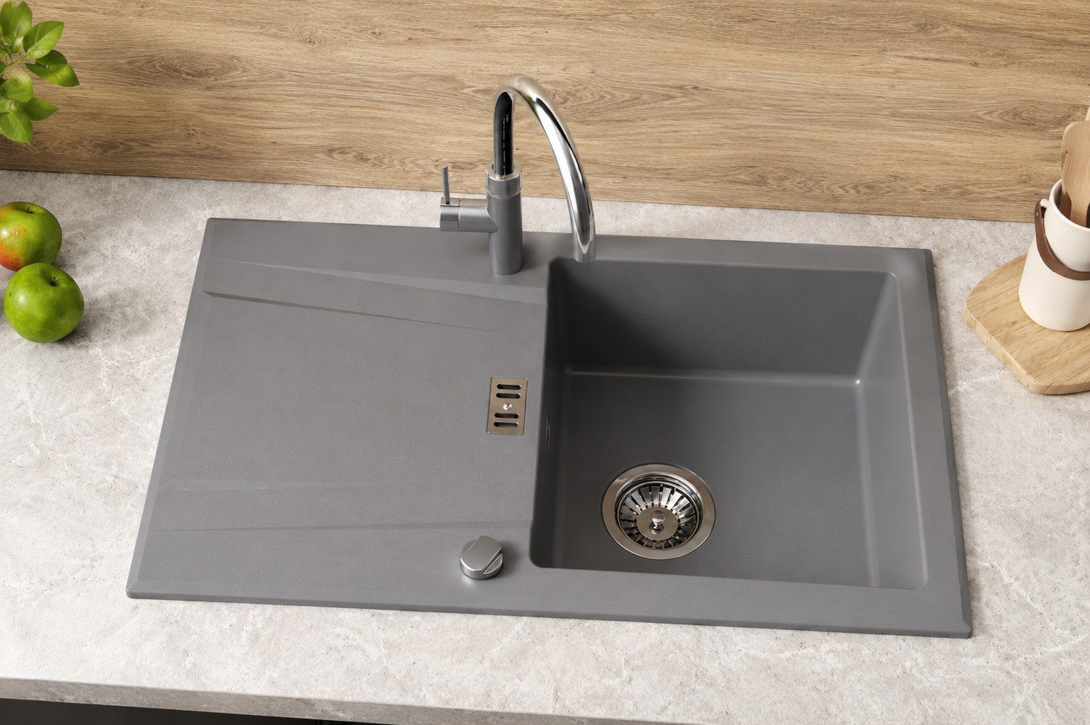 Homeline Granitspüle Granitspüle Schwarz Grau Weiß Beige Küchenspüle Einbauspüle, Eckig, 76/44 cm, (2 St) – Bild 2 von 5
