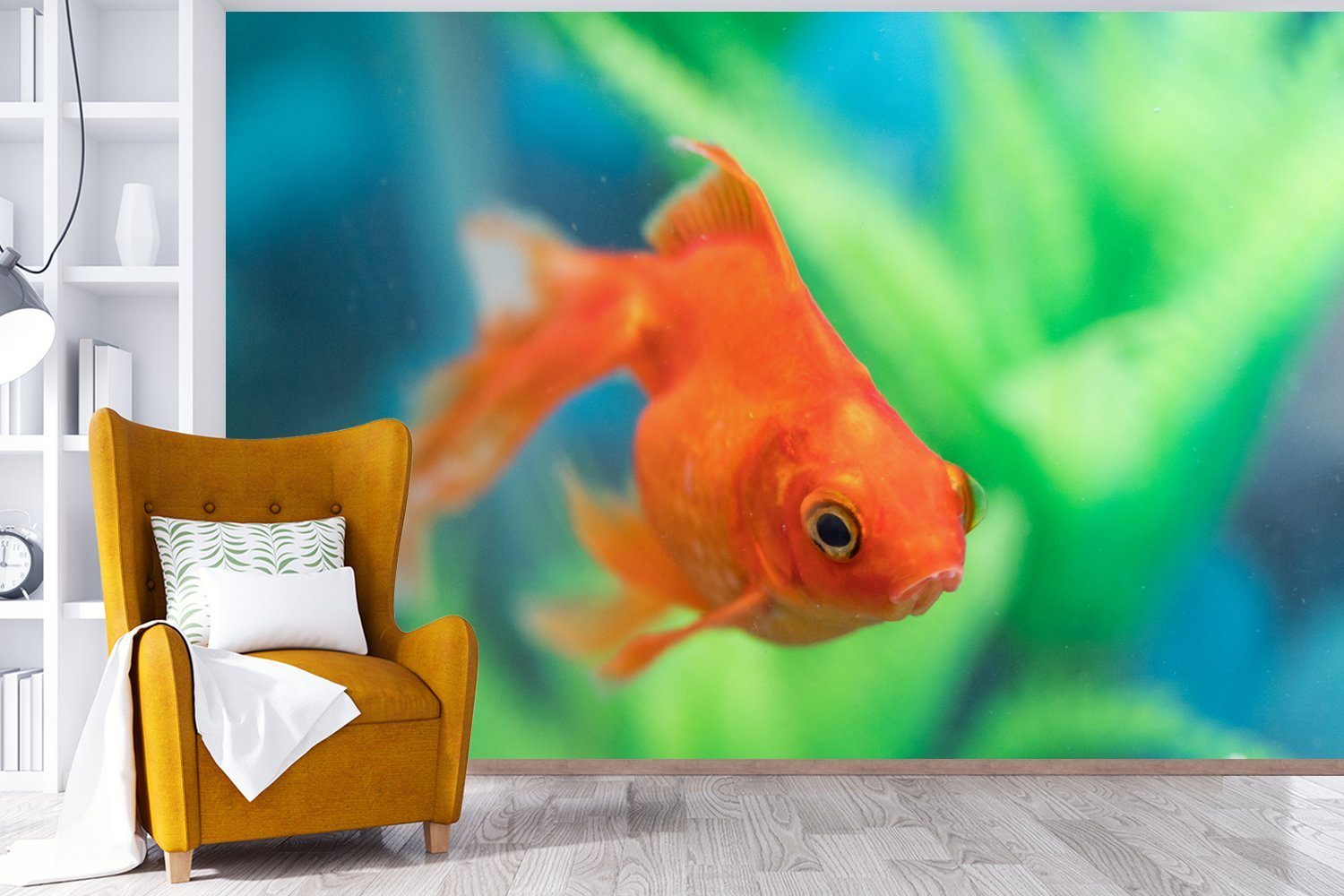 MuchoWow Fototapete Goldfisch in Schlafzimmer, bedruckt, einem Wohnzimmer, St), Wallpaper Vinyl (6 Tapete Süßwasseraquarium, für Kinderzimmer, Matt