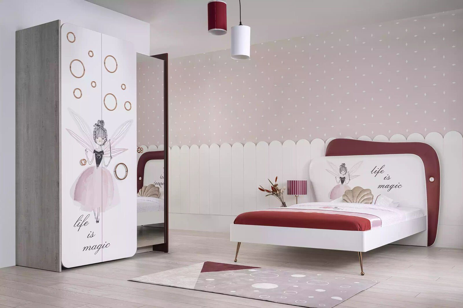 JVmoebel Jugendzimmer-Set Holz Kinderzimmer Garnitur Rosa Bett Kleiderschränke Nachttische, (3-St., Bett + Nachttisch + Kleiderschrank), Made in Europe