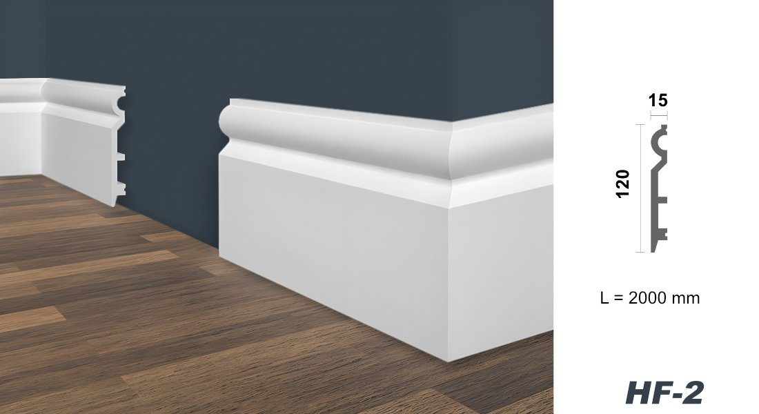 marbet design Sockelleiste, weiß HDPS Kunststoff - 2 Meter Fußleisten Profil Fußbodenleisten Abschlussleisten Boden Leisten Kabelkanal (HF- 2 120x15 mm, Musterstück)