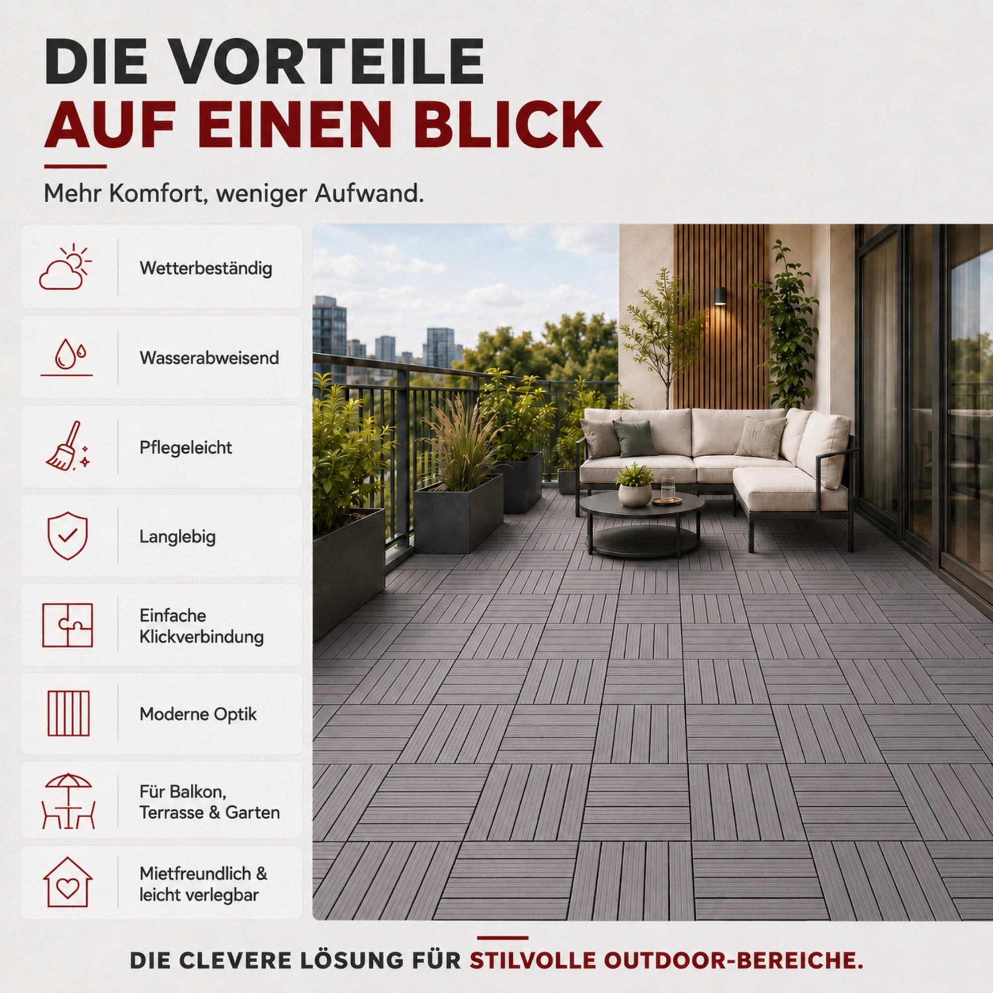 Ravino Bodenfliese, WPC 31x31, Anthrazit, WPC Klickfliesen Balkon Terrasse Balkonfliesen Klicksystem