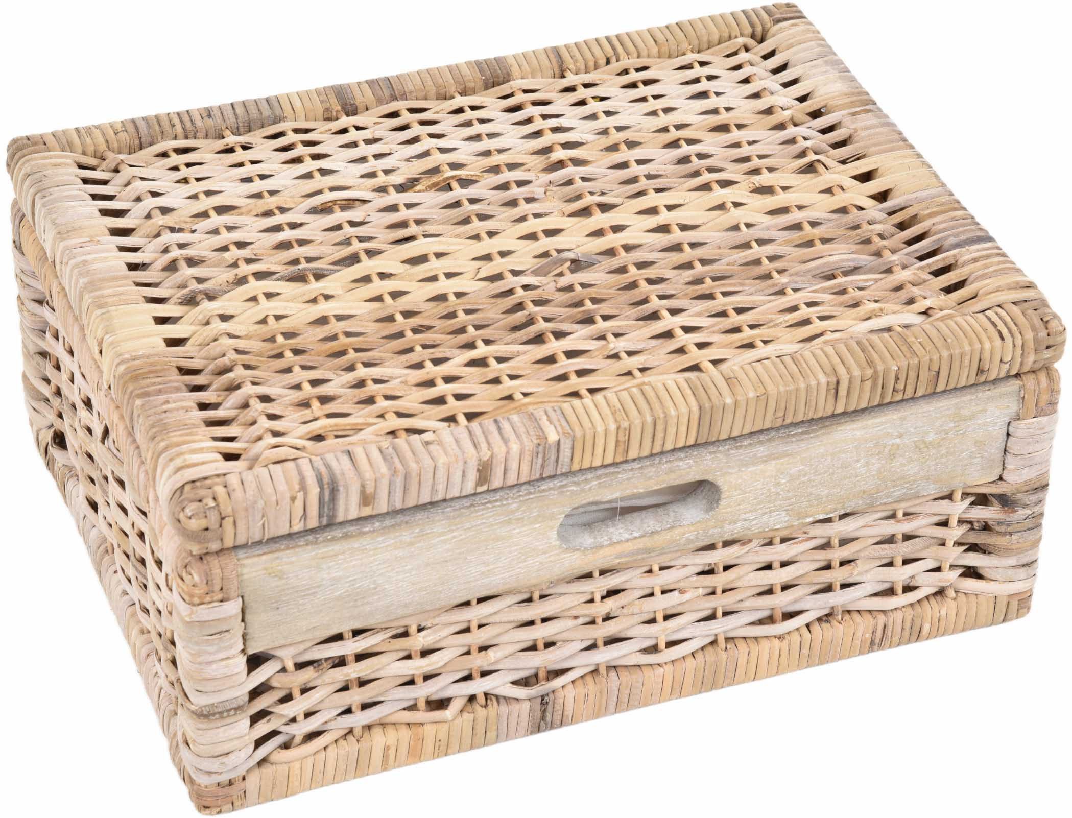 Krines Home Aufbewahrungskorb Flacher Korb mit Deckel Rattan geflochten Regalkorb Aufbewahrungsbox