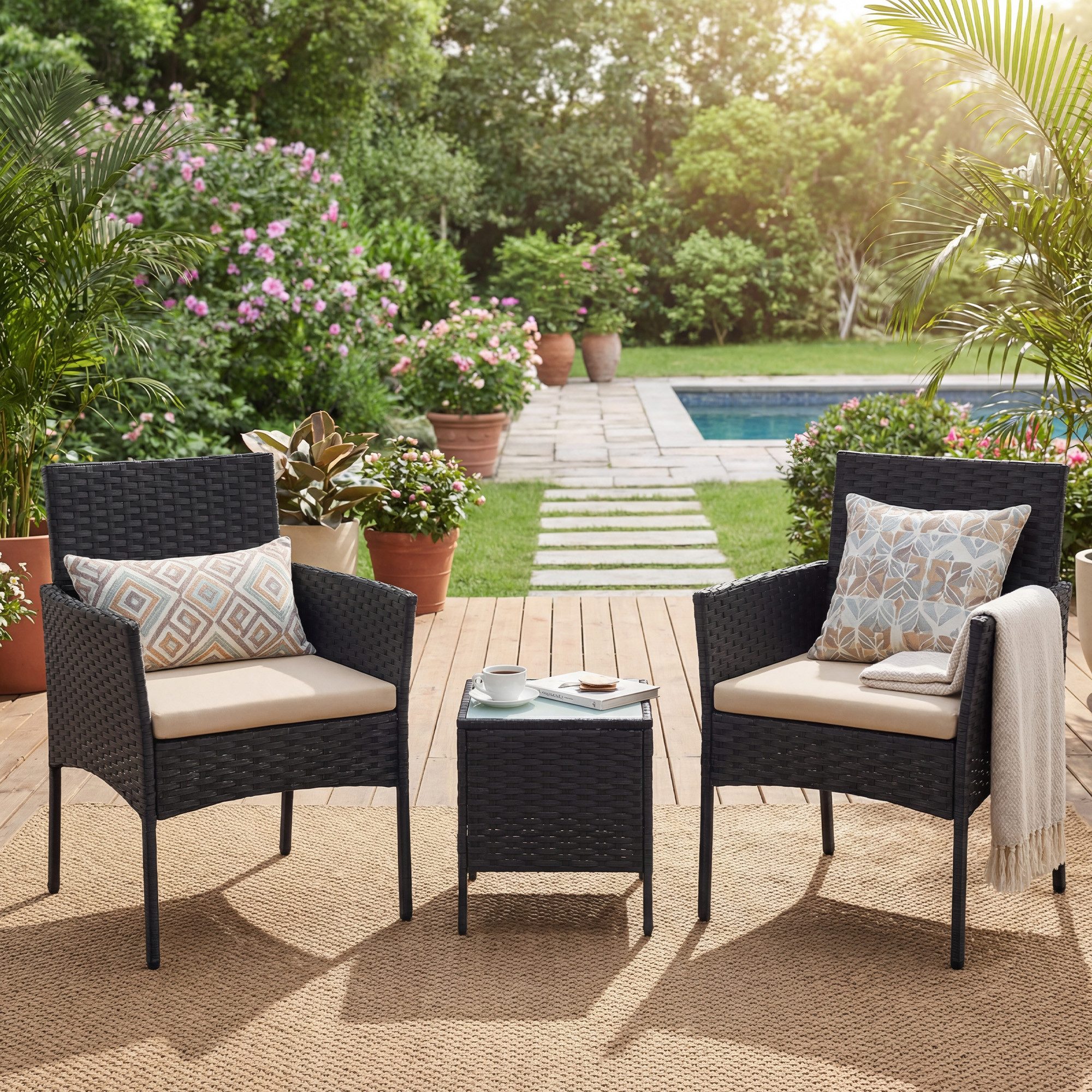 SONGMICS Gartenlounge-Set Balkonmöbel, Tisch und 2 Stühle, für Terrasse, Balkon, Garten, (3-tlg., 2 Gartenstuhl, 1 Gartentisch, mit Kissen), Gartenmöbel-Set, aus PE-Polyrattan, Terrassenmöbel, schwarz-taupe