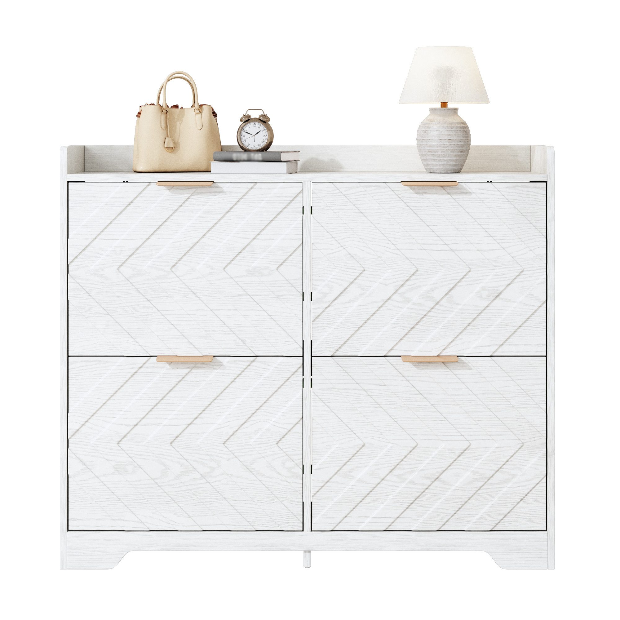 FANNOU Schuhschrank mit 4 Klappfächern, 3D-Strukturfront, 105 x 90 x 24 cm Ablagefläche oben, geräumiger Schuhschrank, platzsparend