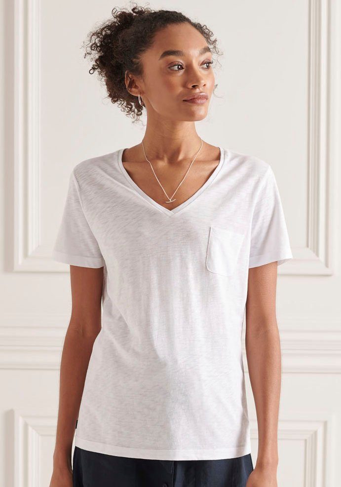 Superdry T-Shirt SCRIPTED NECK weiß-marine mit V-Ausschnitt V TEE