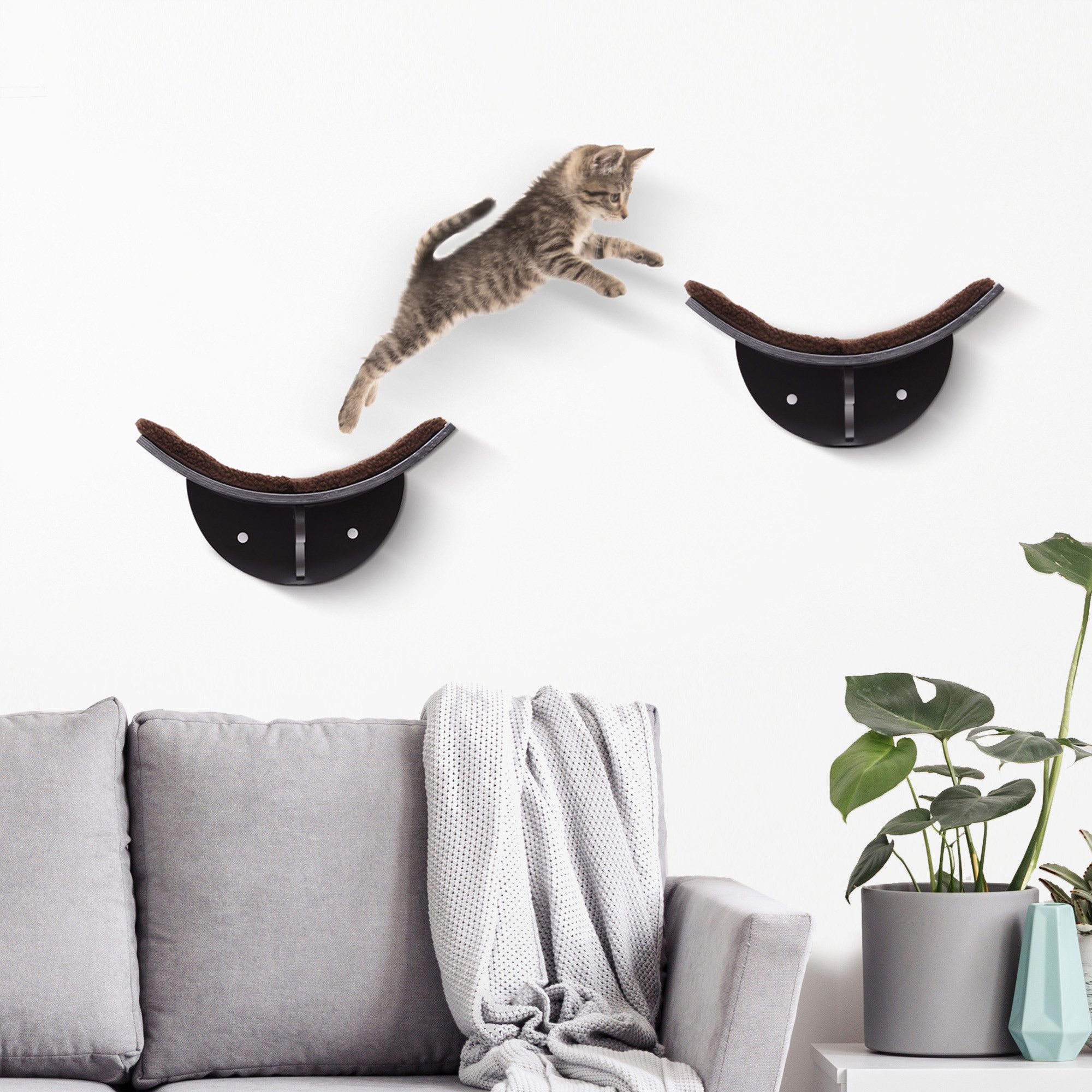 PawHut Kratzbaum Kletterwand Katzen, Wandmontage mit Plüschauflage, Braun 41 x 28 x 21 cm
