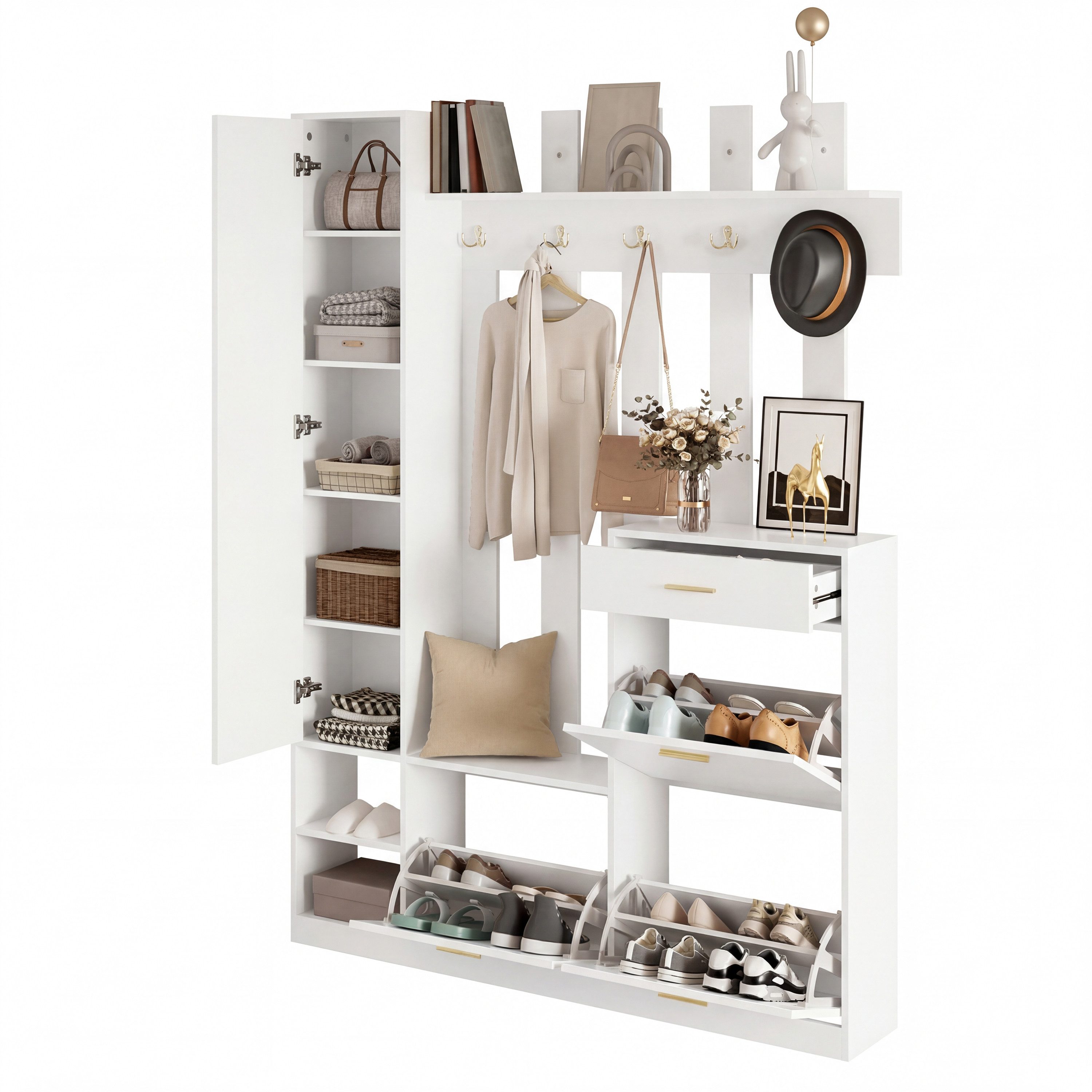 Refined Living Garderoben-Set Schmale Garderobe mit Spiegel, 3 Schuhkippern & Haken, Weiß, (B133×T23,5×H180 cm, Garderoben-Set, Schuhkipper, Spiegel, Schublade, viele Haken, platzsparend, 1-St., extra schmal, All-in-One Möbel, viel Stauraum, modern, Weiß), für Flur, Diele, Korridor, kleine Wohnungen