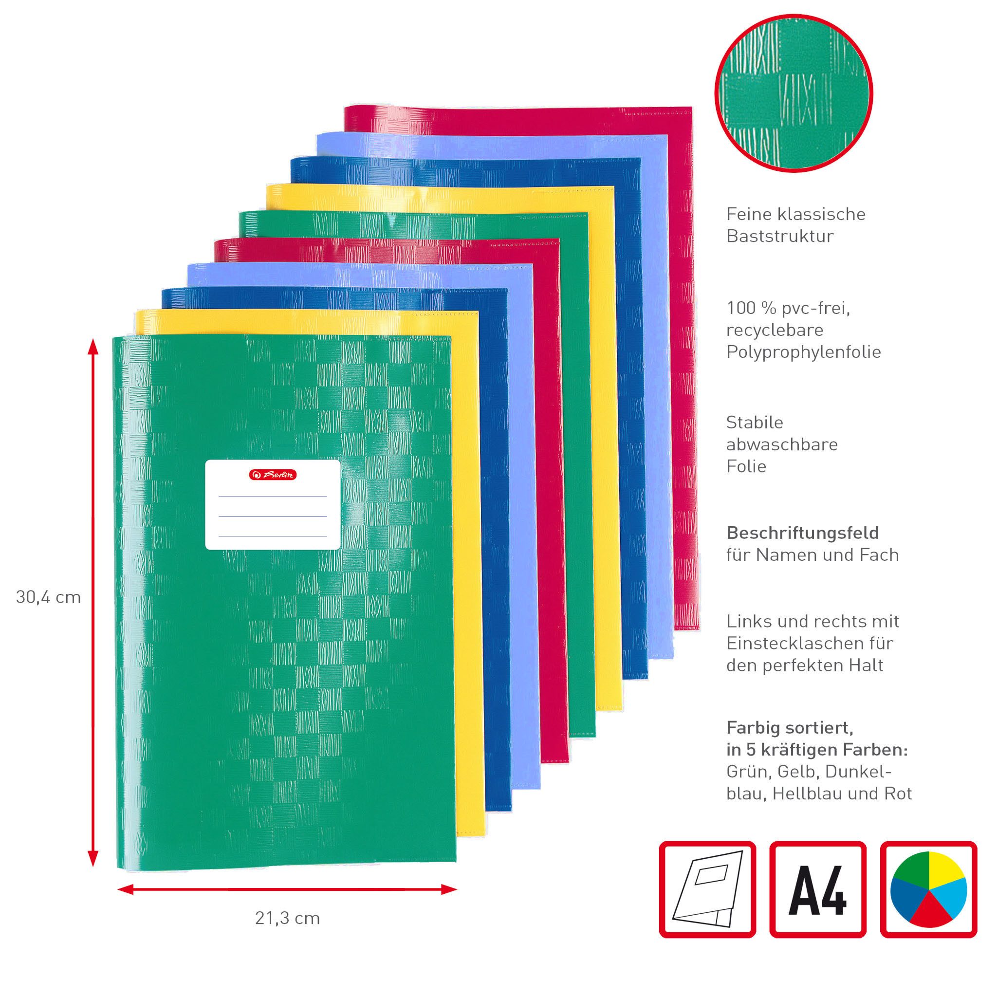 Herlitz Schulheft herlitz Heftumschäge Heftschoner 10er Set, A4, geprägt (Bast), PP, sor