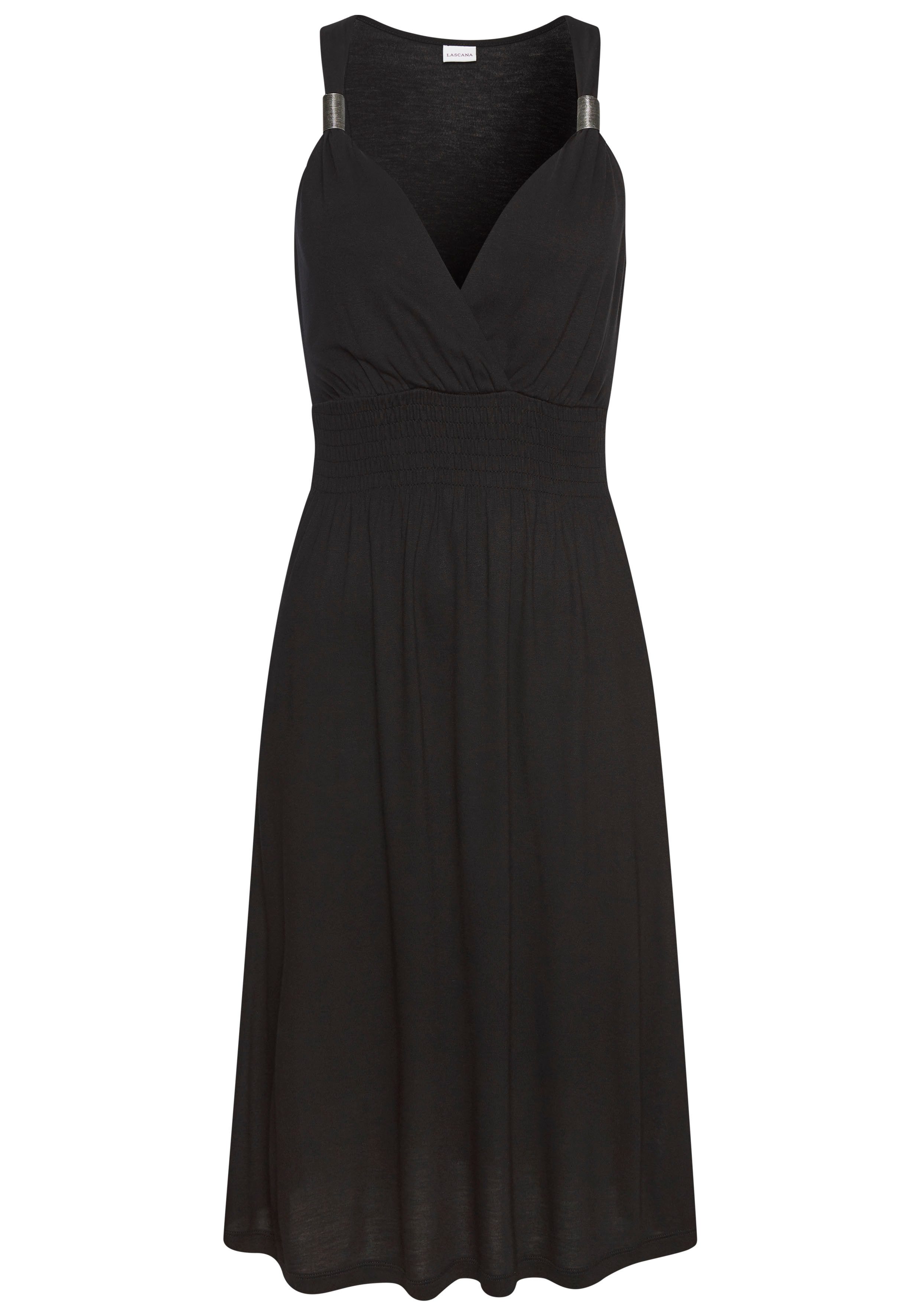 LASCANA Jerseykleid mit verstellbarem Ausschnitt und gesmokter Taille Luftiges Sommerkleid, Strandkleid, Viskosekleid mit V-Ausschnitt – Bild 2 von 5
