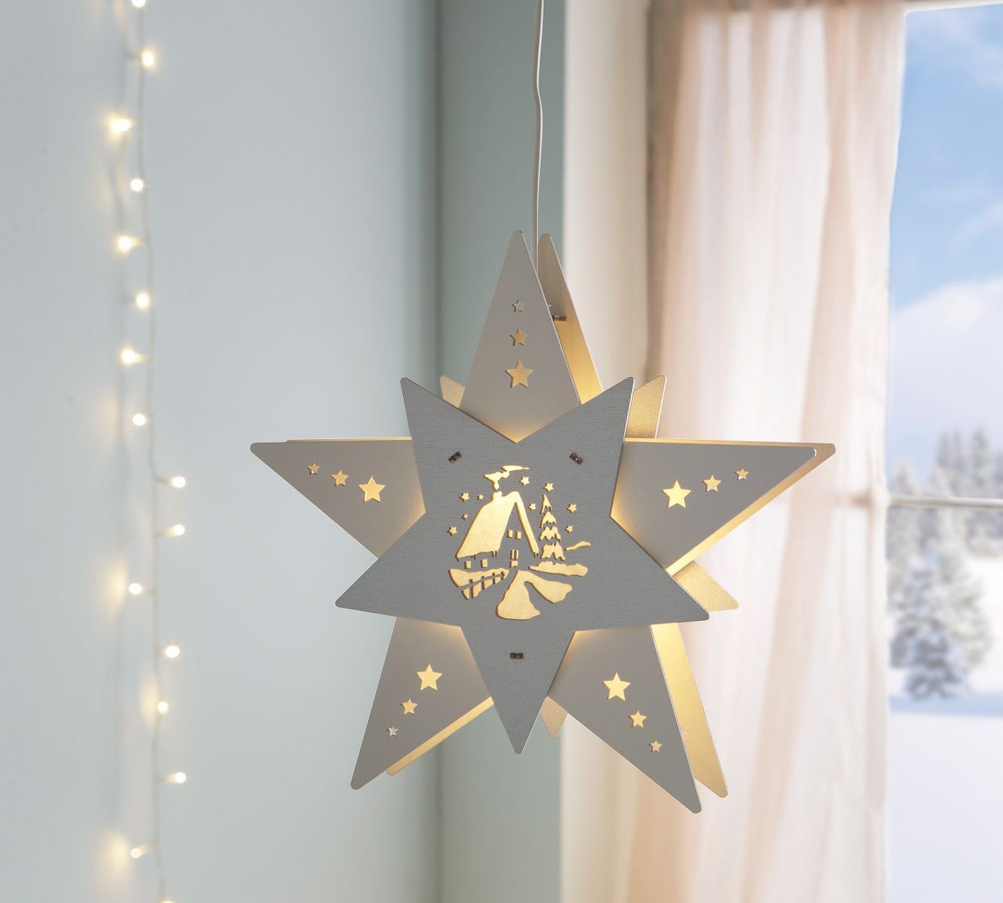beleuchtetes Leuchtmittel wechselbar, Fensterbild Weigla Waldhütte, LED Weihnachtsdeko, Warmweiß, Stern